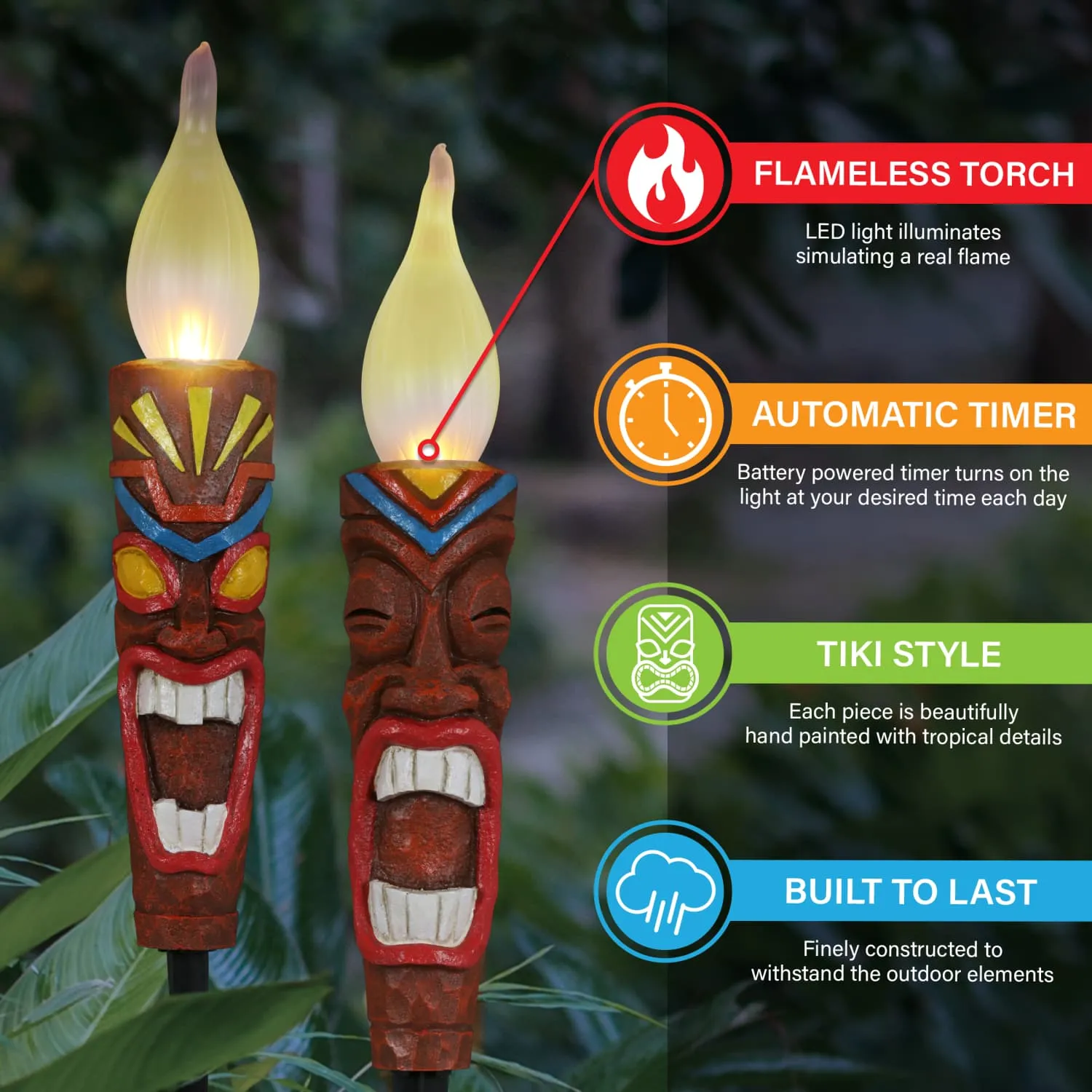 2 Piece Tiki LED Flameless Torch Garden Stake Set on an Automatic Timer in Resin and Glass, 3 by 20 Inches