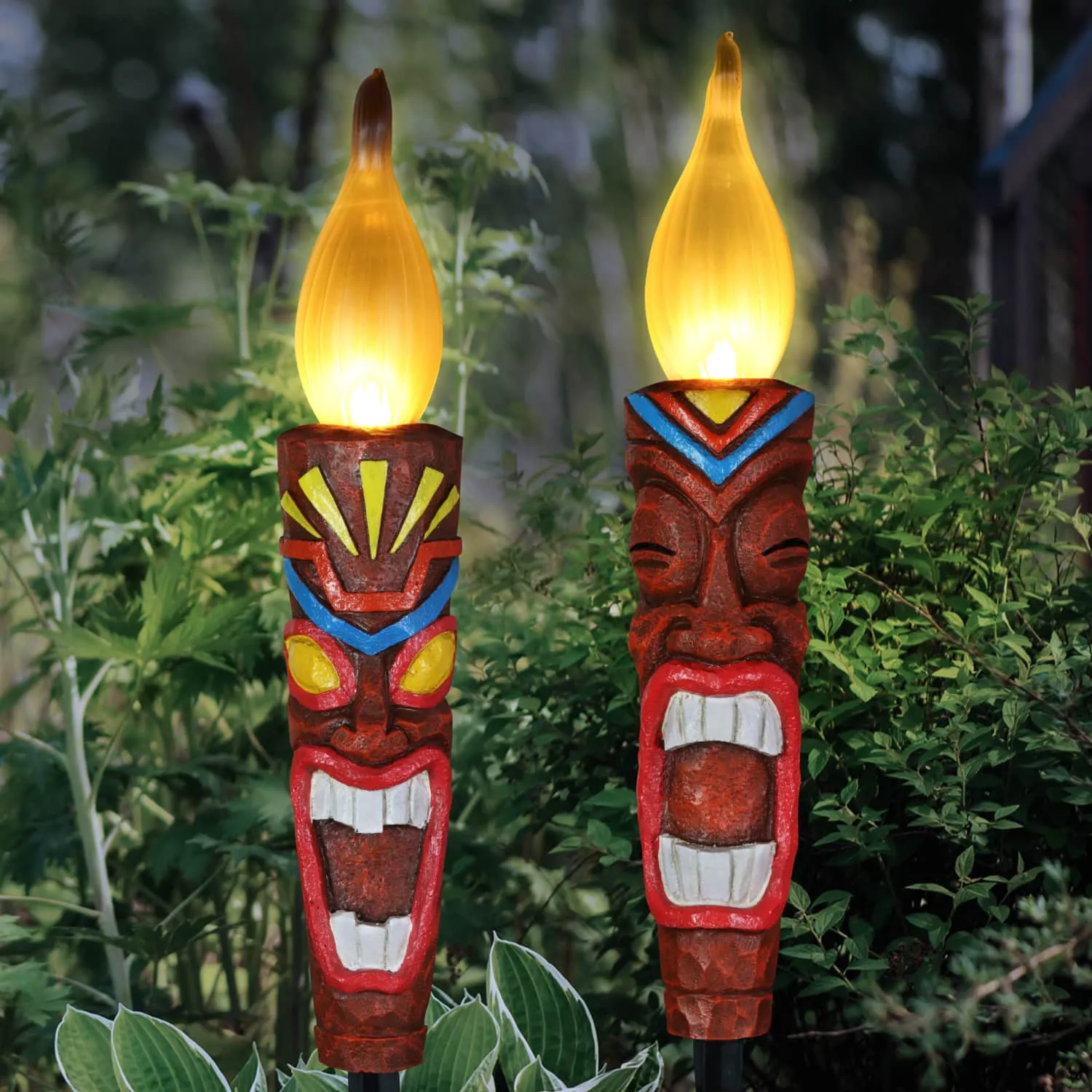 2 Piece Tiki LED Flameless Torch Garden Stake Set on an Automatic Timer in Resin and Glass, 3 by 20 Inches