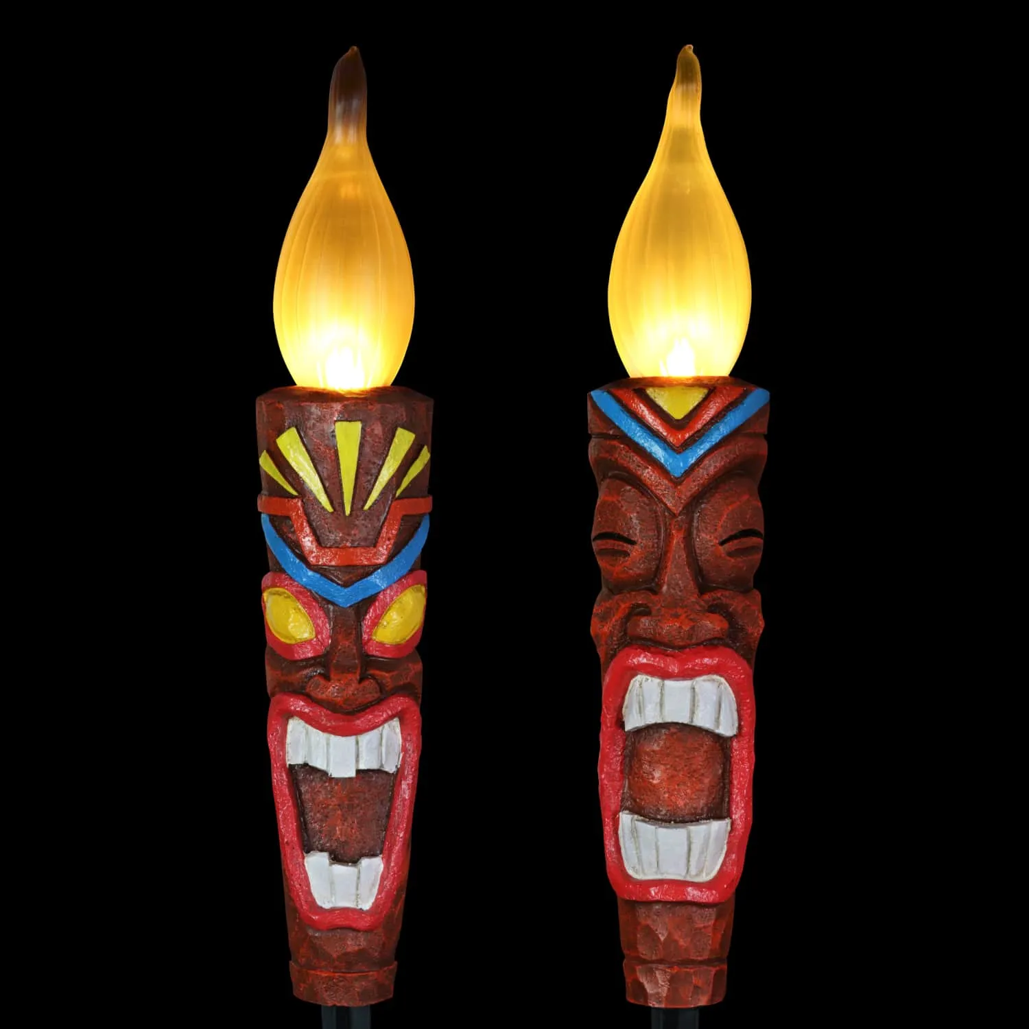 2 Piece Tiki LED Flameless Torch Garden Stake Set on an Automatic Timer in Resin and Glass, 3 by 20 Inches