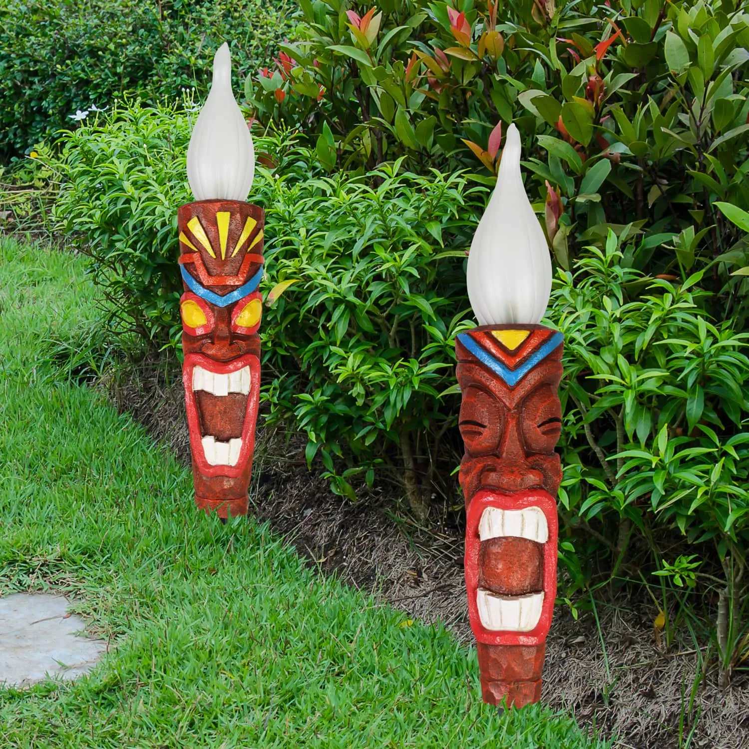2 Piece Tiki LED Flameless Torch Garden Stake Set on an Automatic Timer in Resin and Glass, 3 by 20 Inches