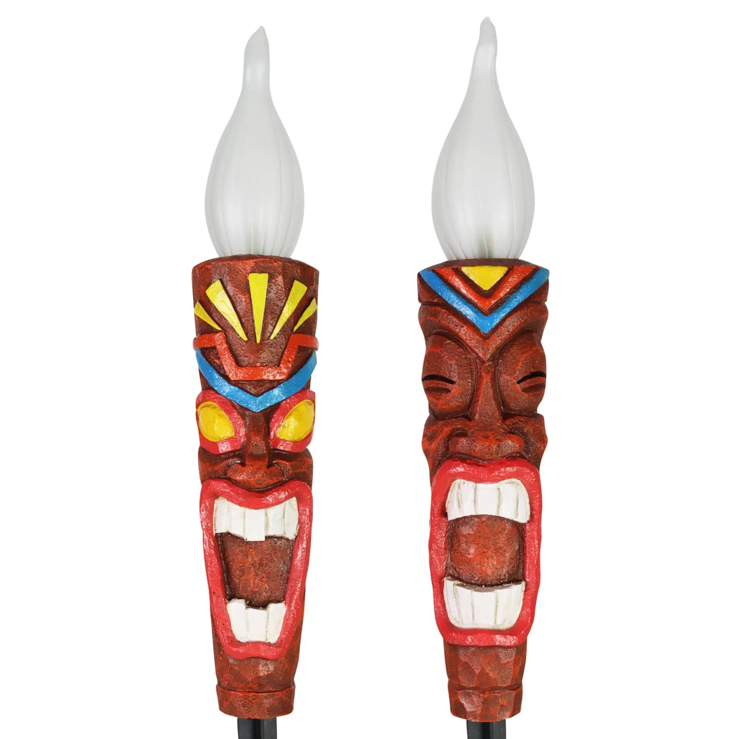 2 Piece Tiki LED Flameless Torch Garden Stake Set on an Automatic Timer in Resin and Glass, 3 by 20 Inches
