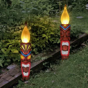 2 Piece Tiki LED Flameless Torch Garden Stake Set on an Automatic Timer in Resin and Glass, 3 by 20 Inches