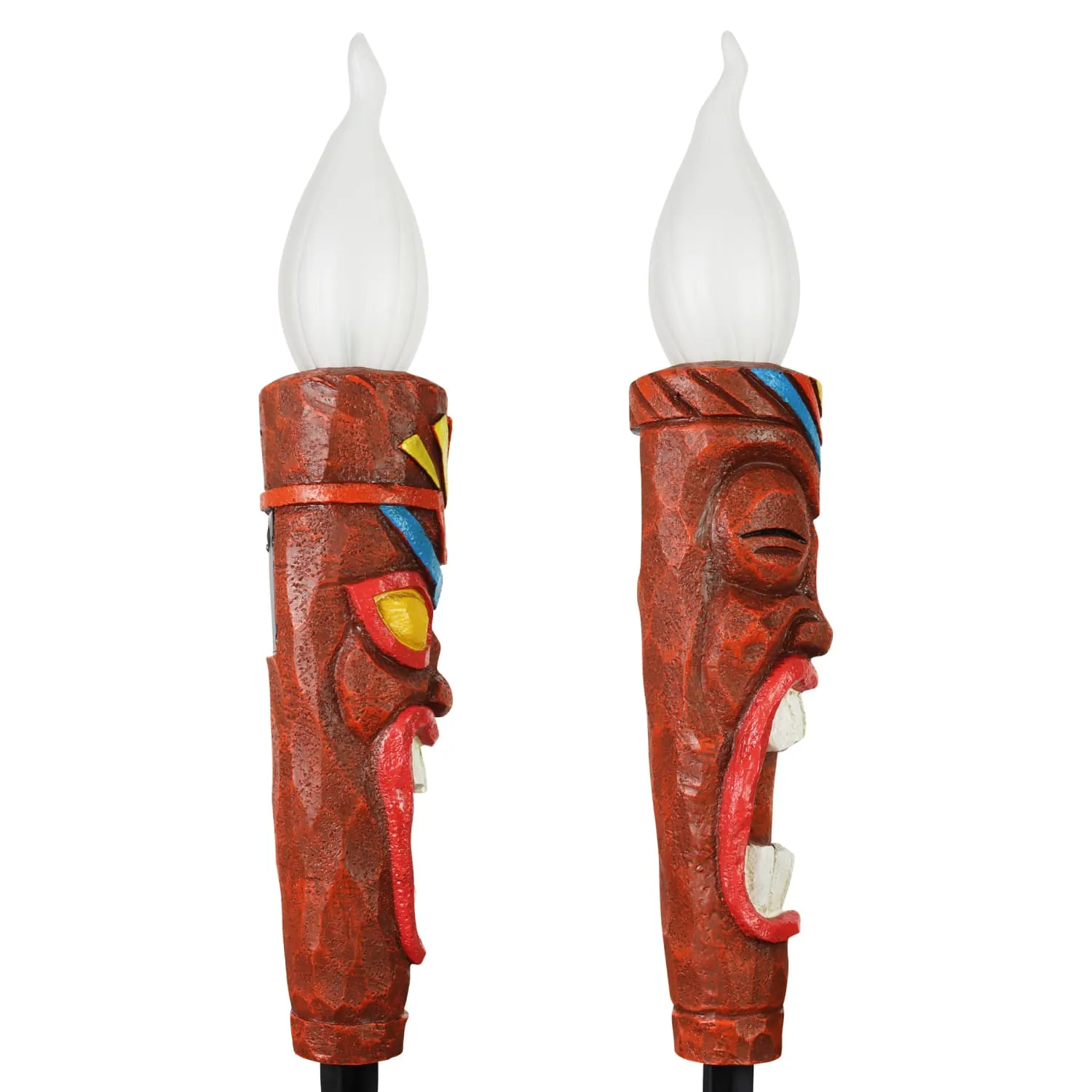 2 Piece Tiki LED Flameless Torch Garden Stake Set on an Automatic Timer in Resin and Glass, 3 by 20 Inches