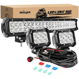 20 Inch 126W Double Row Spot Flood Led Light Bars | 2Pcs 4 Inch 18W Flood Light Pods | 16AWG Wire 3Pin Switch