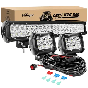 20 Inch 126W Double Row Spot Flood Led Light Bars | 2Pcs 4 Inch 18W Spot Light Pods | 16AWG Wire 3Pin Switch