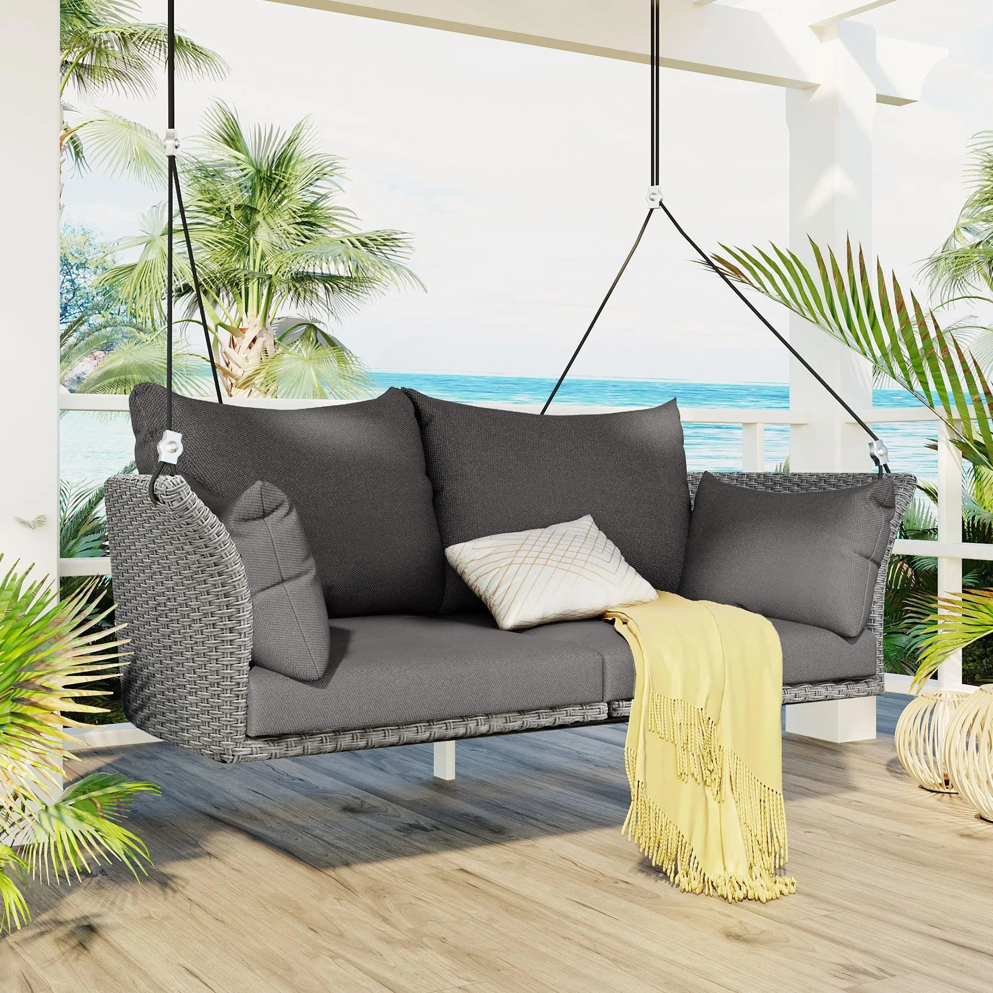 51.9" 2-Person Hanging Rattan Swing Chair, Gray Wicker with Gray Cushion