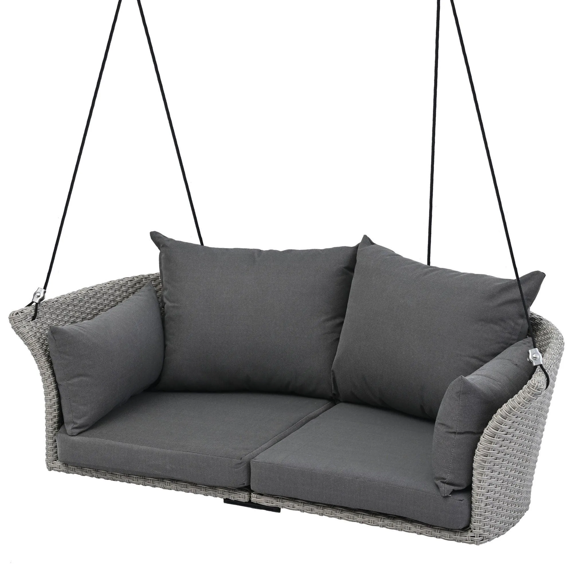 51.9" 2-Person Hanging Rattan Swing Chair, Gray Wicker with Gray Cushion