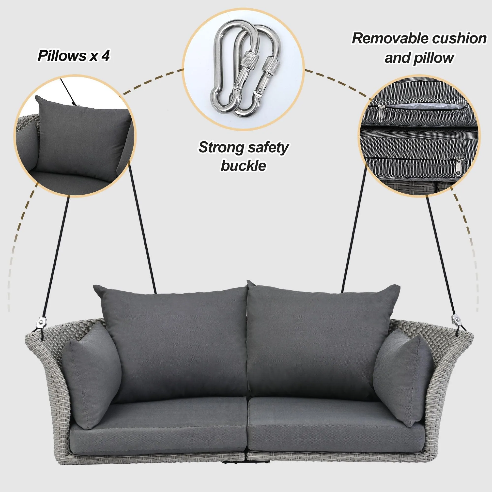 51.9" 2-Person Hanging Rattan Swing Chair, Gray Wicker with Gray Cushion