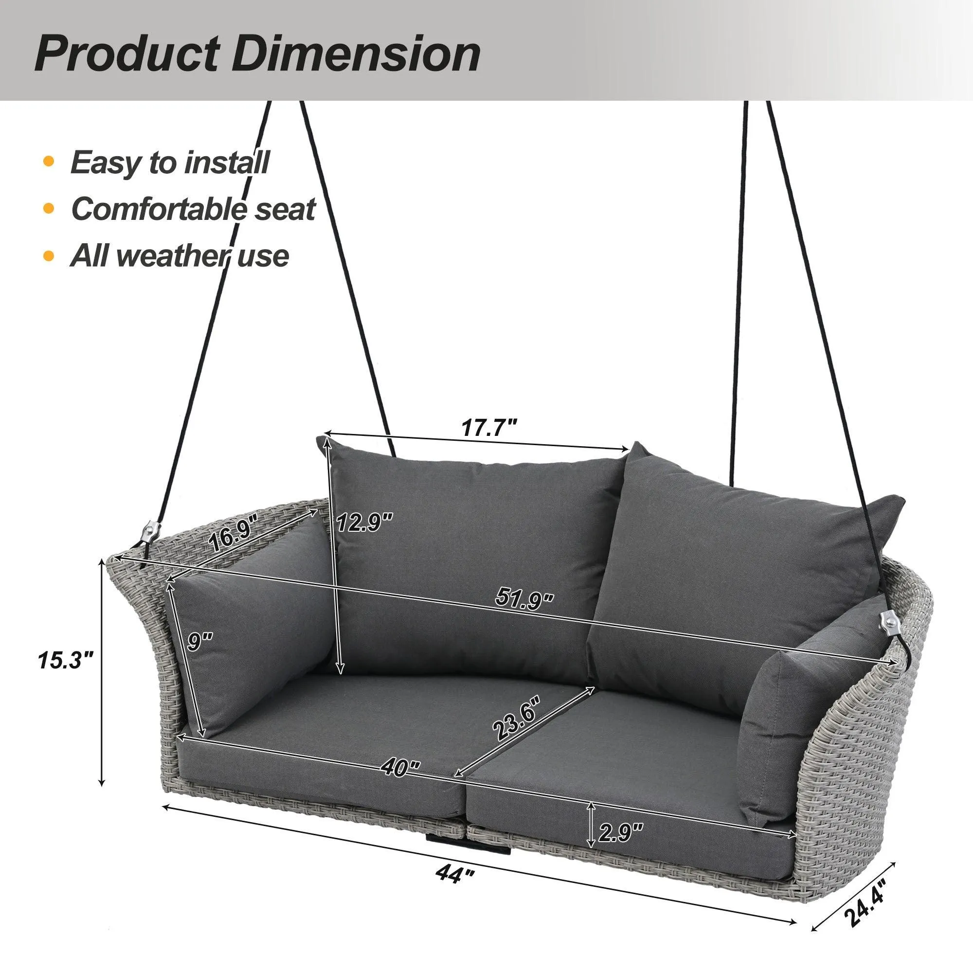 51.9" 2-Person Hanging Rattan Swing Chair, Gray Wicker with Gray Cushion