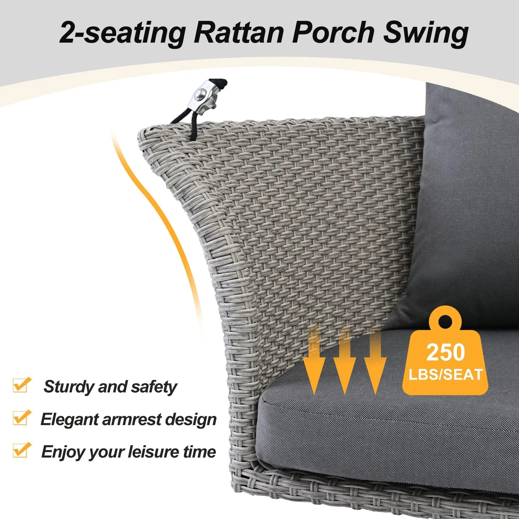 51.9" 2-Person Hanging Rattan Swing Chair, Gray Wicker with Gray Cushion