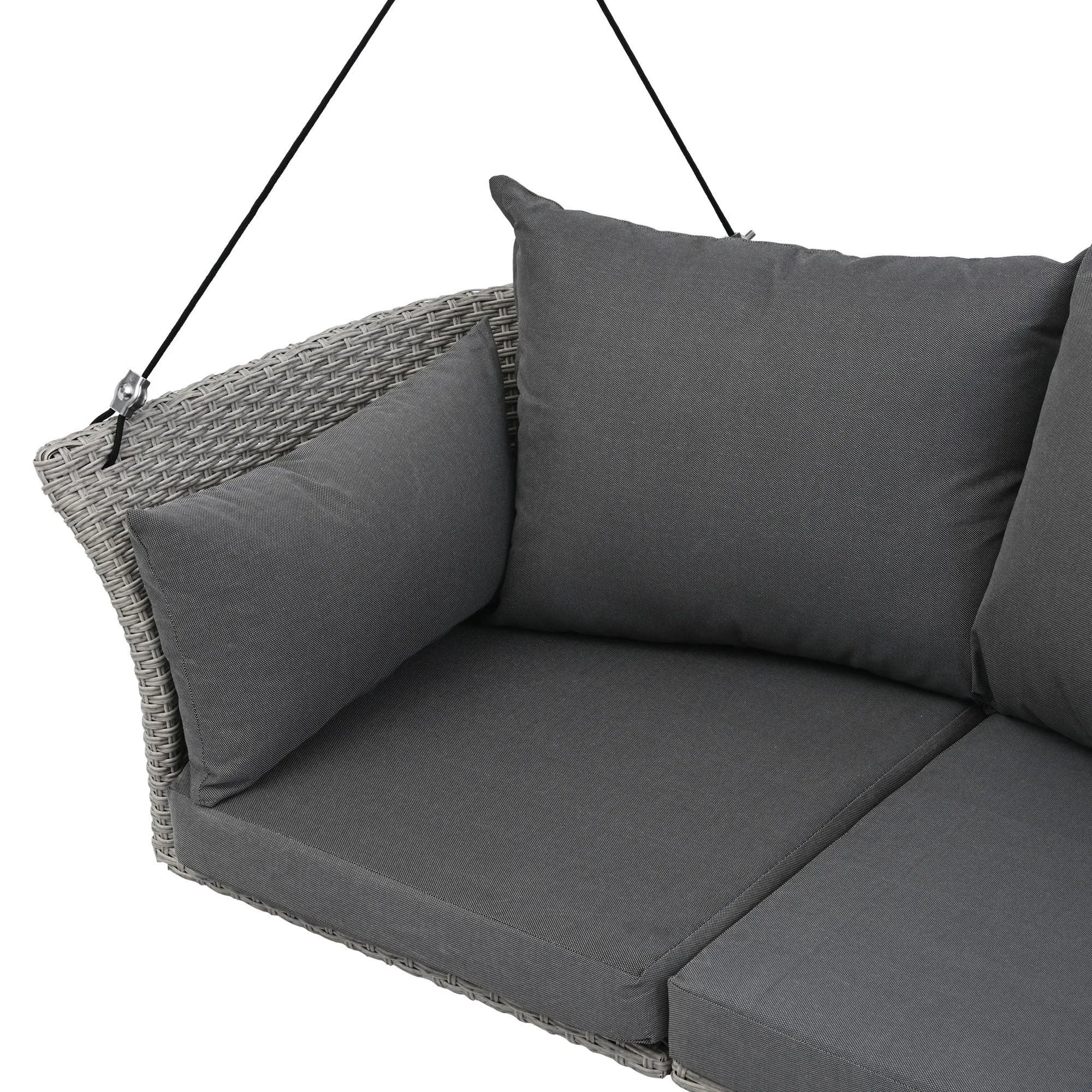 51.9" 2-Person Hanging Rattan Swing Chair, Gray Wicker with Gray Cushion
