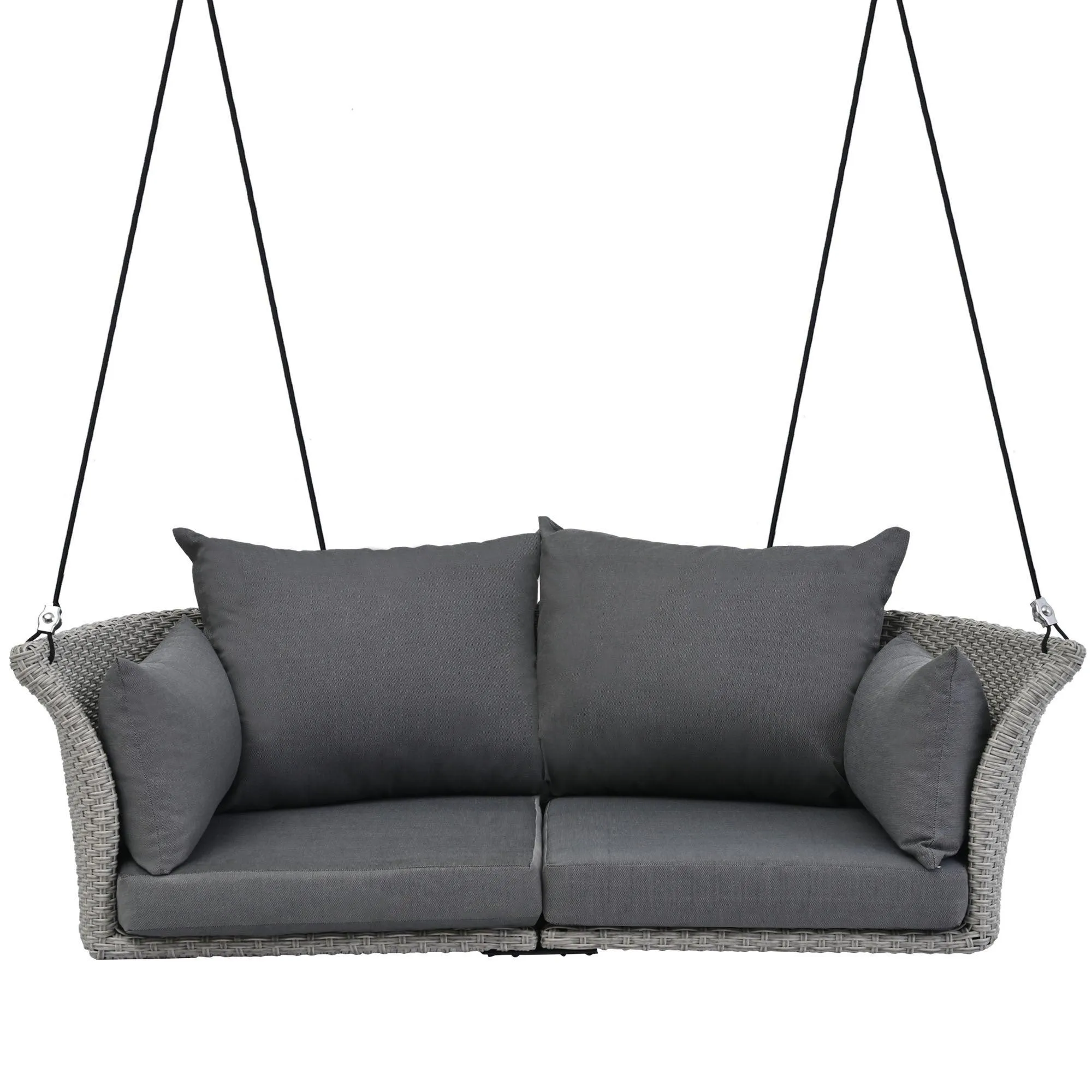 51.9" 2-Person Hanging Rattan Swing Chair, Gray Wicker with Gray Cushion