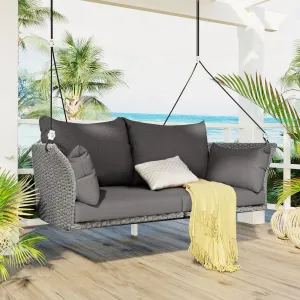51.9" 2-Person Hanging Rattan Swing Chair, Gray Wicker with Gray Cushion