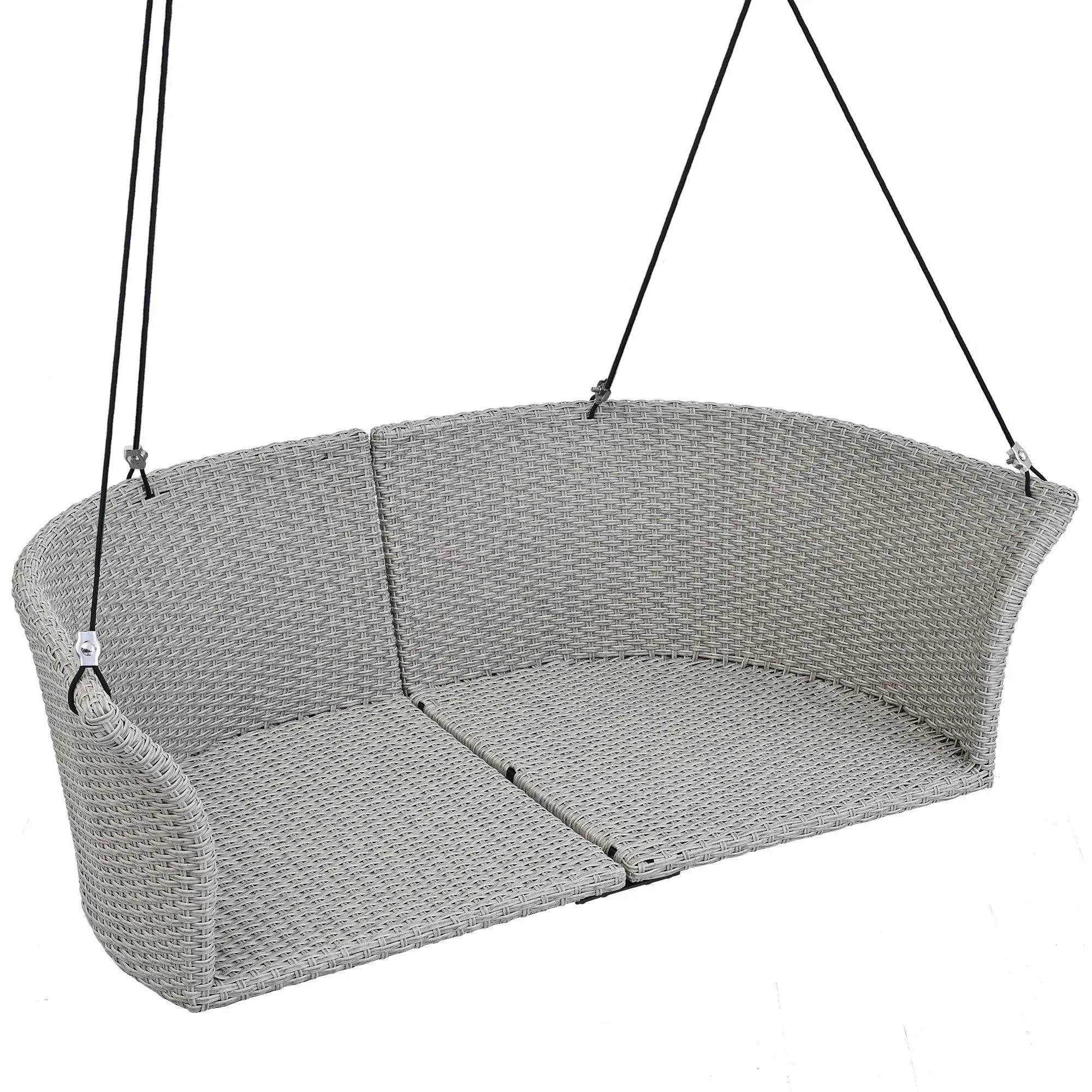 51.9" 2-Person Hanging Rattan Swing Chair, Gray Wicker with Gray Cushion