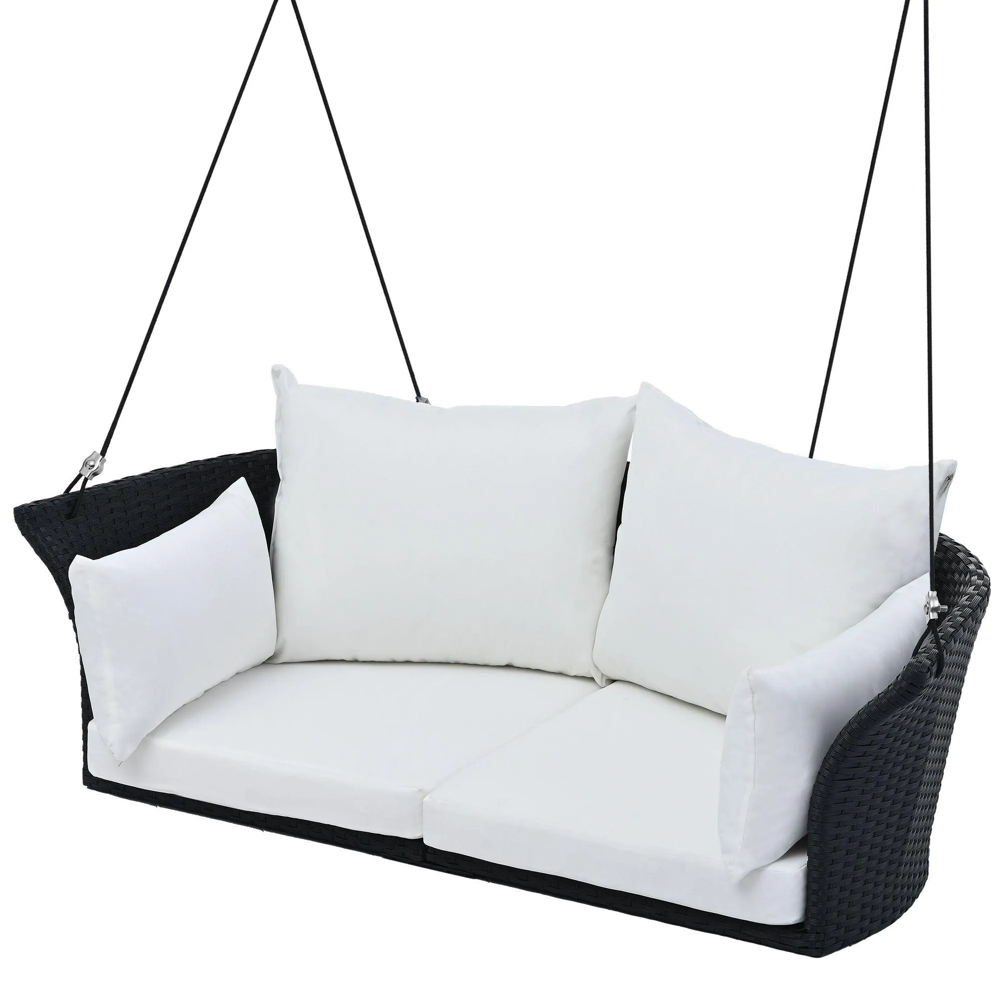 51.9" Rattan Woven 2-Person Hanging Swing Chair, Black Wicker with White Cushion