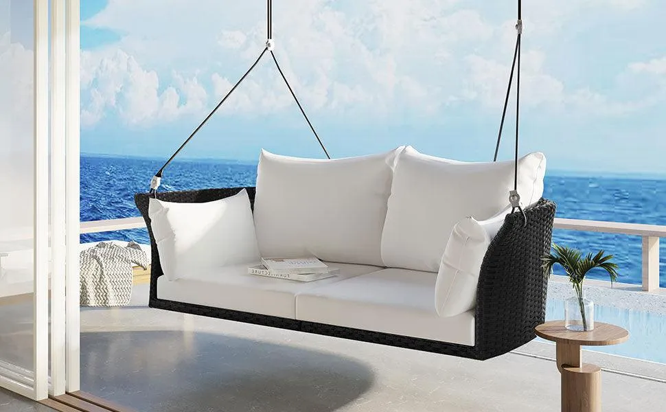 51.9" Rattan Woven 2-Person Hanging Swing Chair, Black Wicker with White Cushion