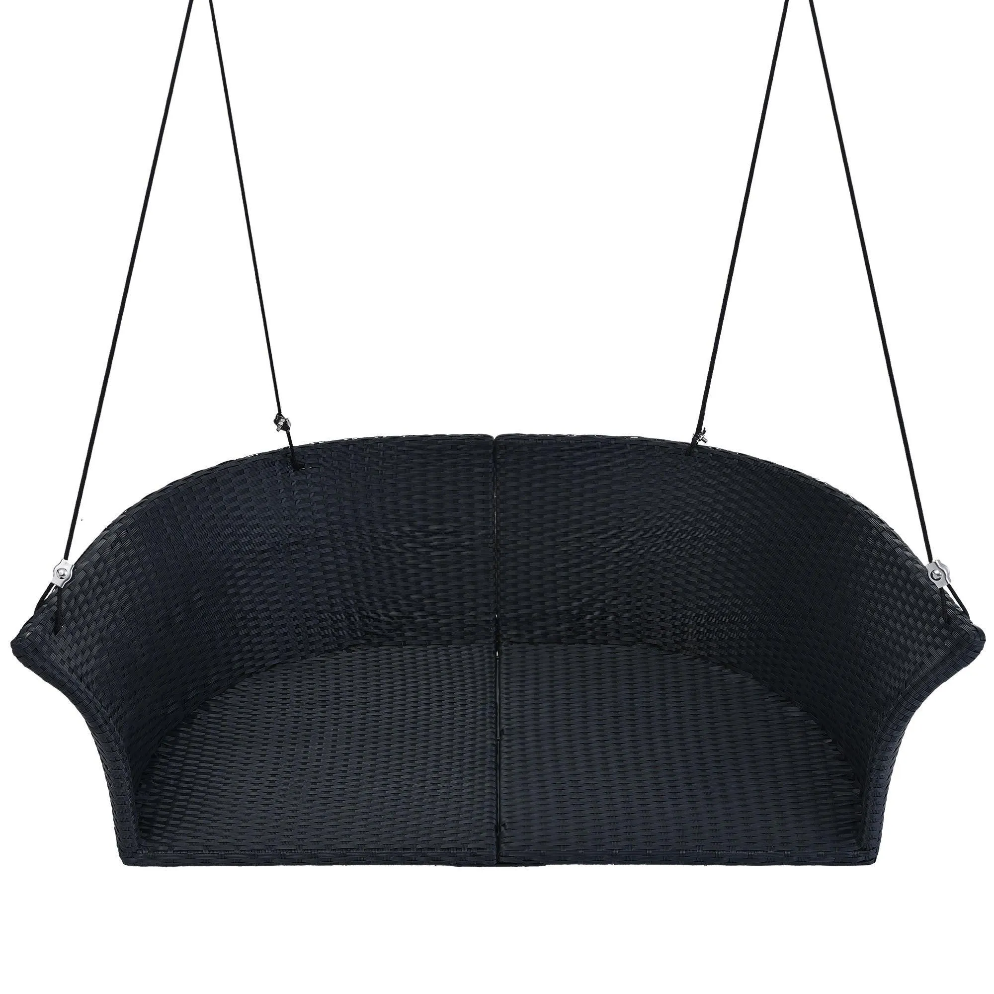 51.9" Rattan Woven 2-Person Hanging Swing Chair, Black Wicker with White Cushion