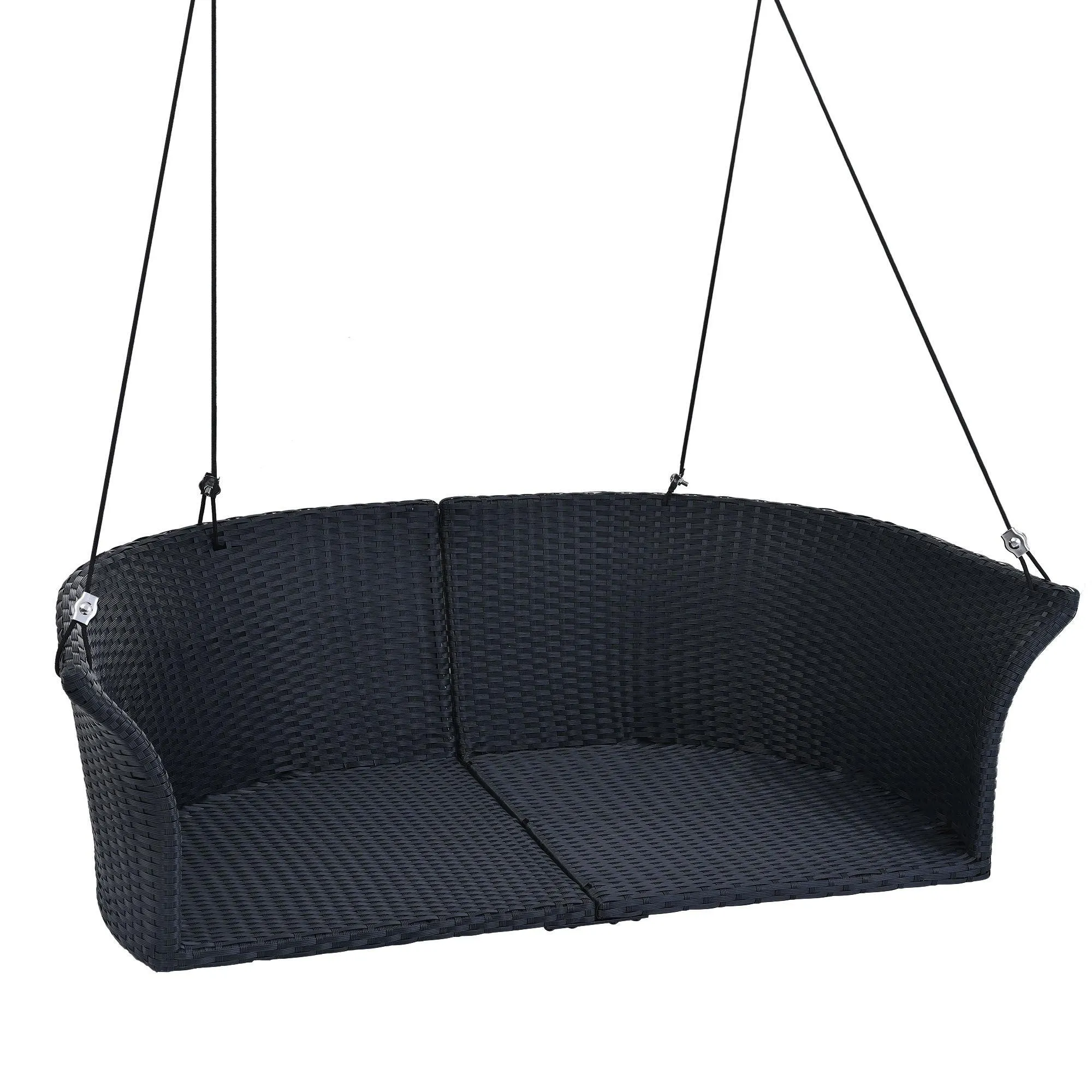 51.9" Rattan Woven 2-Person Hanging Swing Chair, Black Wicker with White Cushion