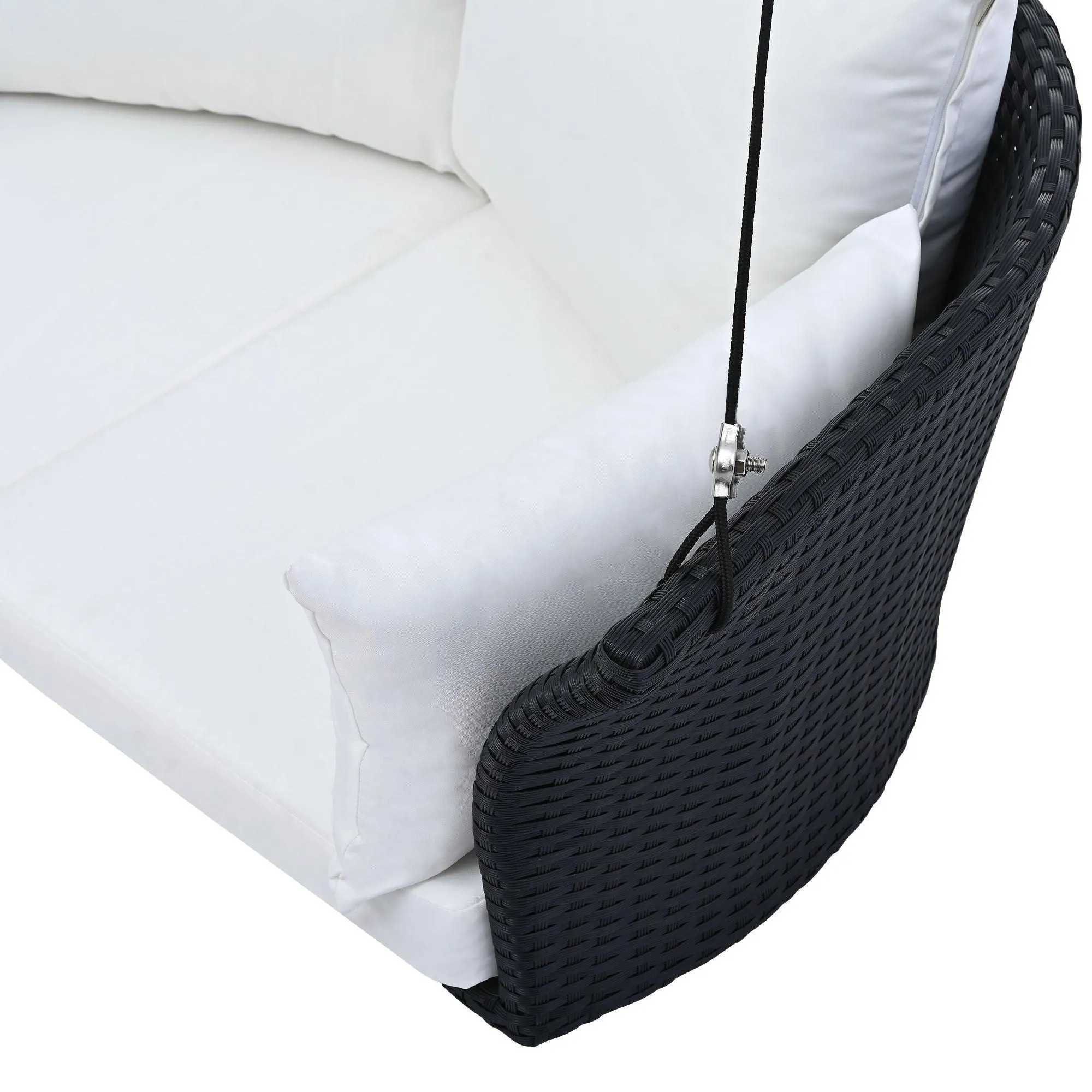 51.9" Rattan Woven 2-Person Hanging Swing Chair, Black Wicker with White Cushion