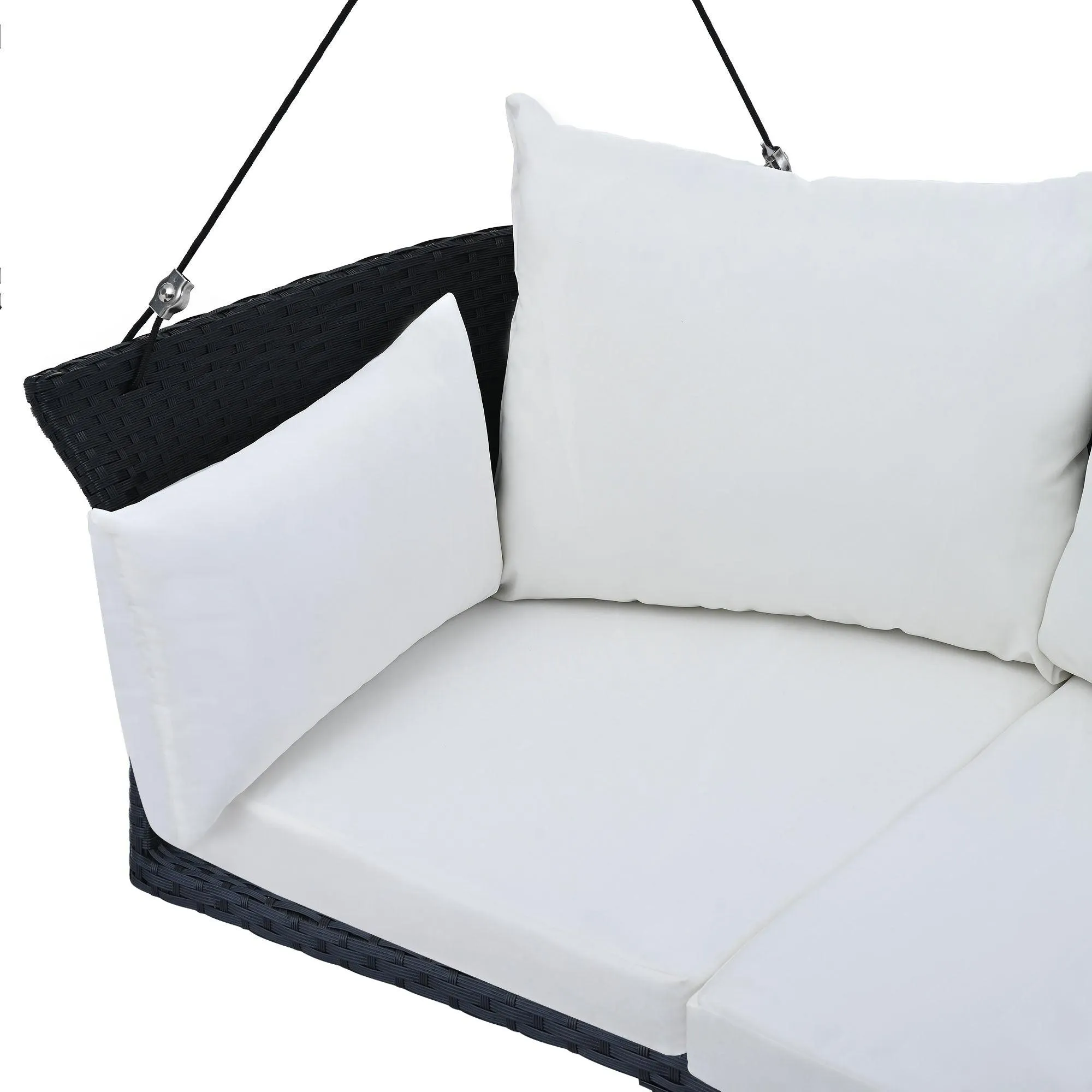51.9" Rattan Woven 2-Person Hanging Swing Chair, Black Wicker with White Cushion