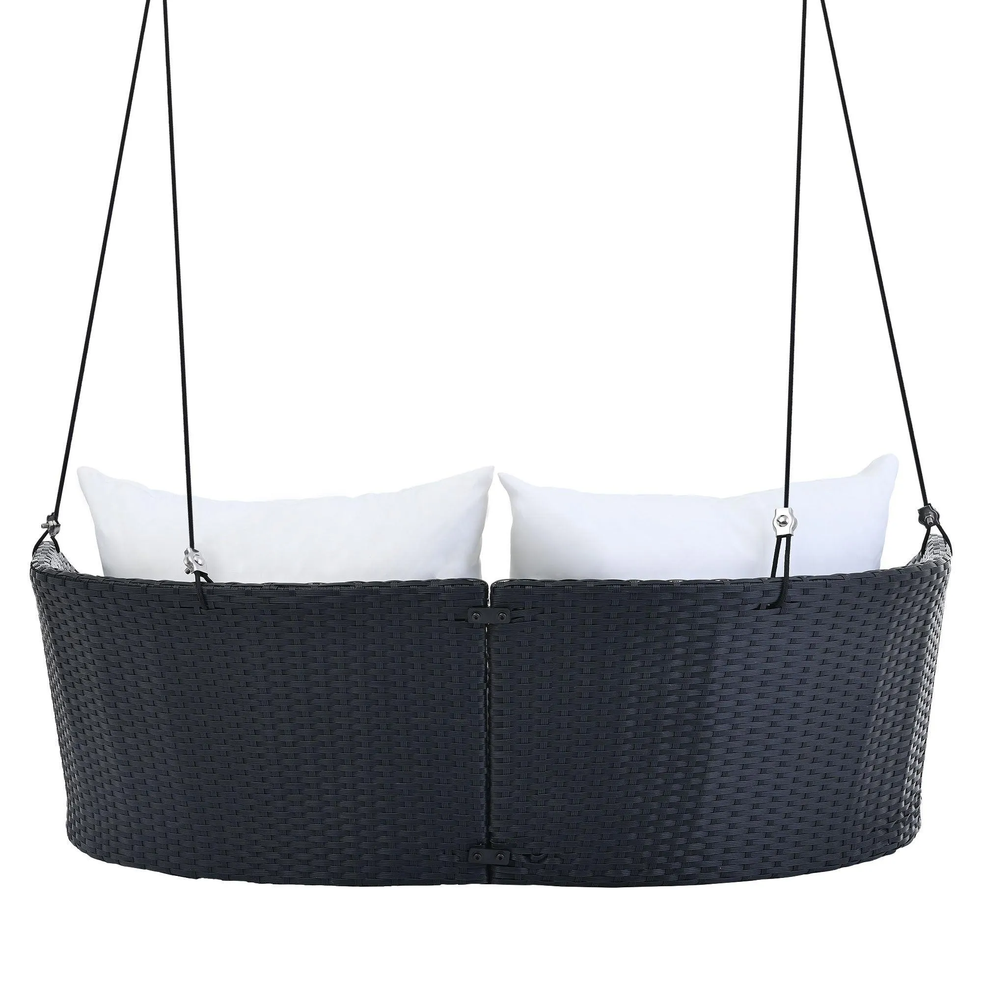 51.9" Rattan Woven 2-Person Hanging Swing Chair, Black Wicker with White Cushion