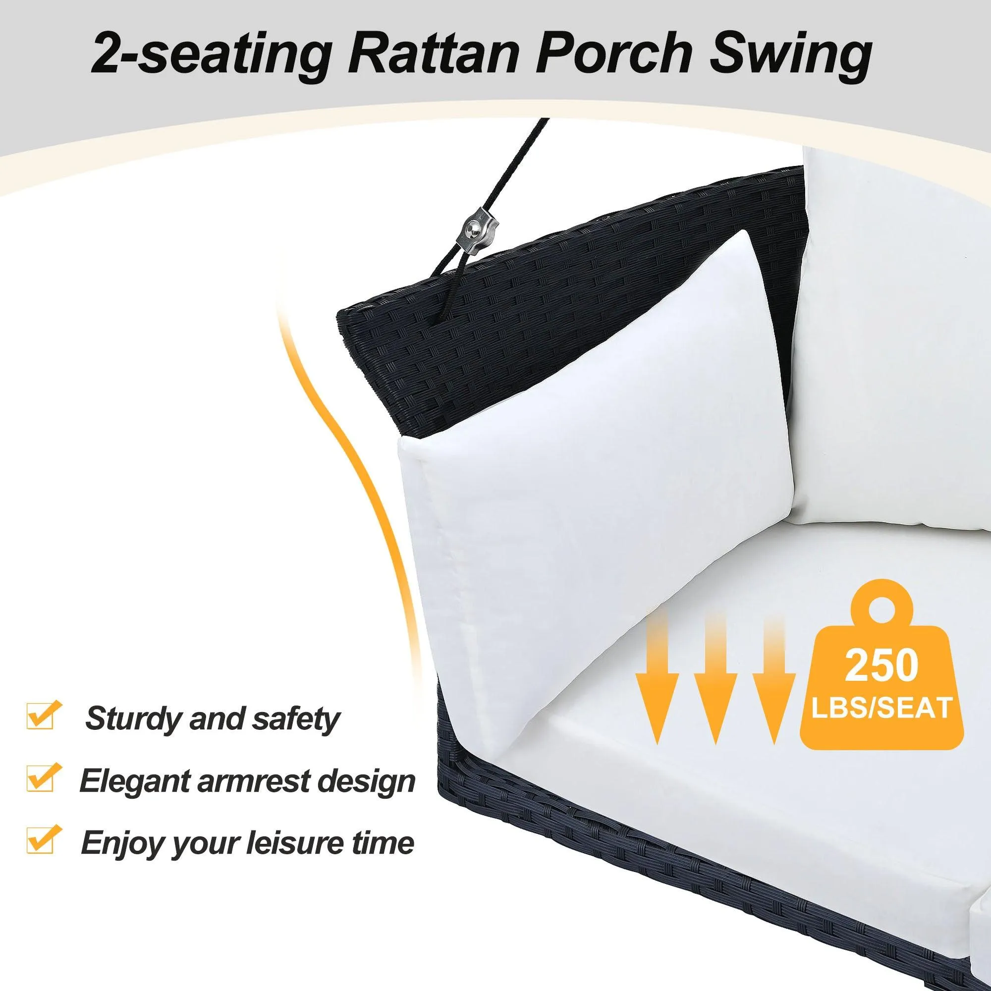 51.9" Rattan Woven 2-Person Hanging Swing Chair, Black Wicker with White Cushion