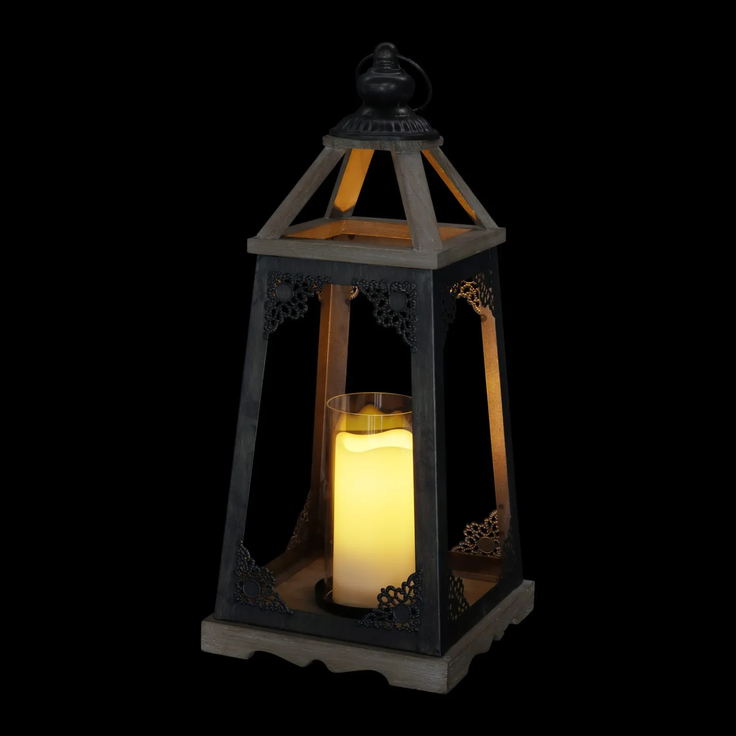 Antiqued Wood and Metal Candle Lantern  with LED Candle, 17 Inch