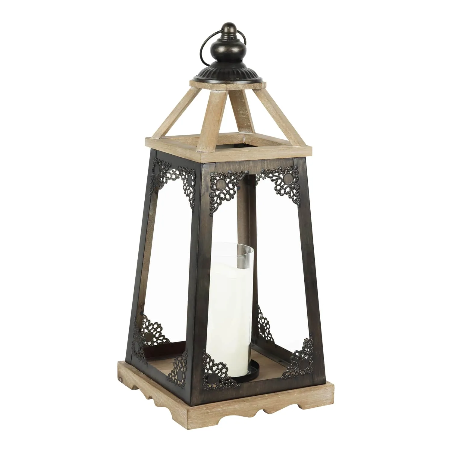 Antiqued Wood and Metal Candle Lantern  with LED Candle, 17 Inch