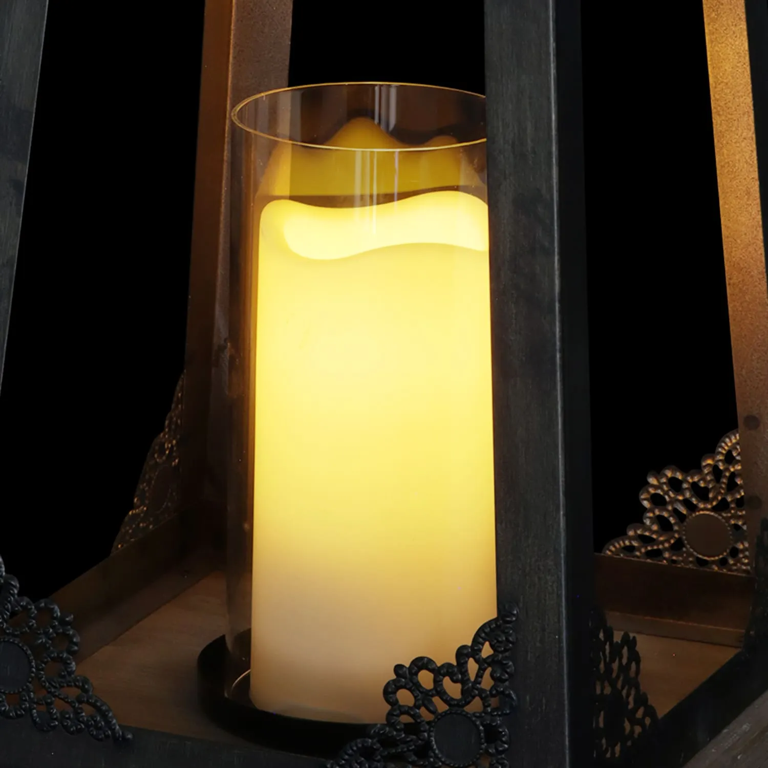 Antiqued Wood and Metal Candle Lantern  with LED Candle, 17 Inch