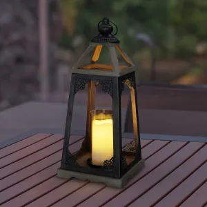 Antiqued Wood and Metal Candle Lantern  with LED Candle, 17 Inch
