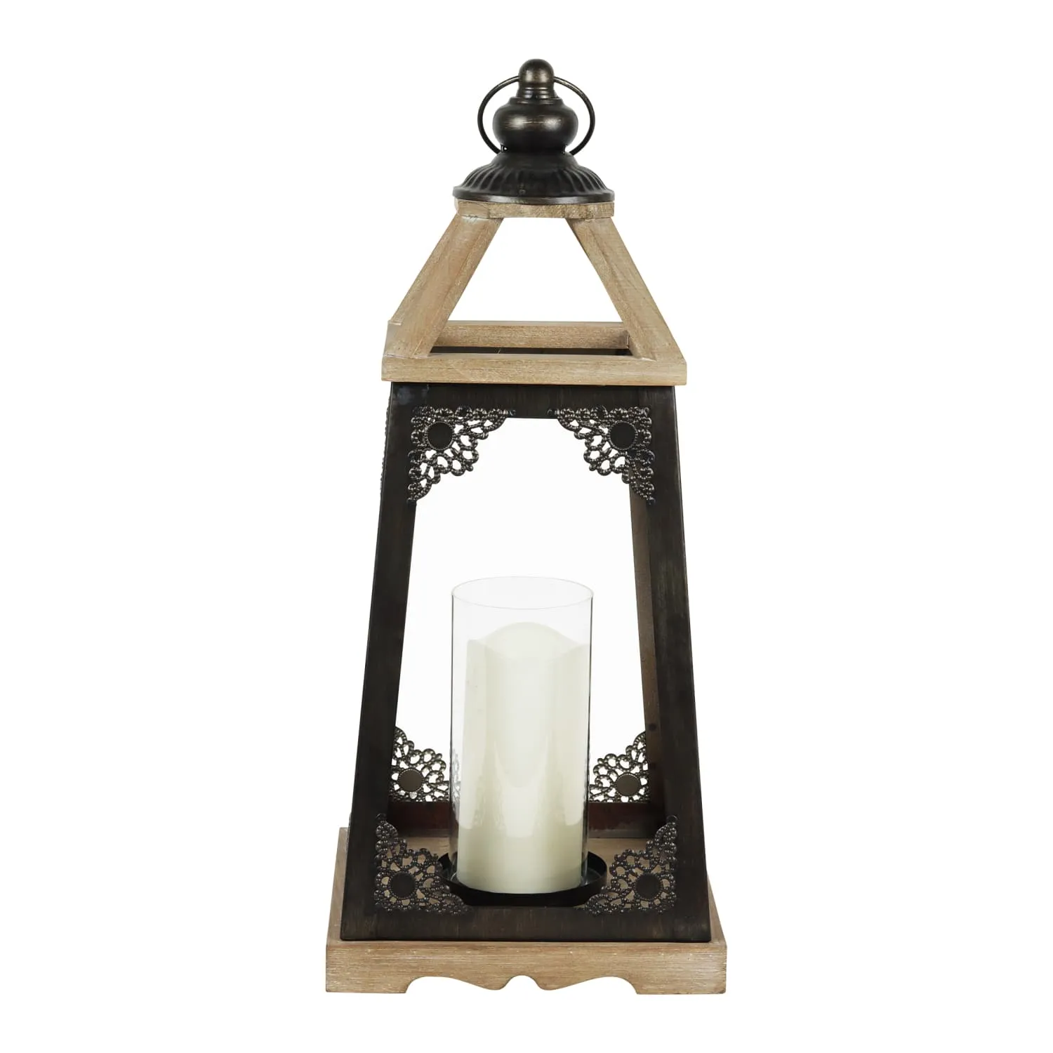Antiqued Wood and Metal Candle Lantern  with LED Candle, 17 Inch