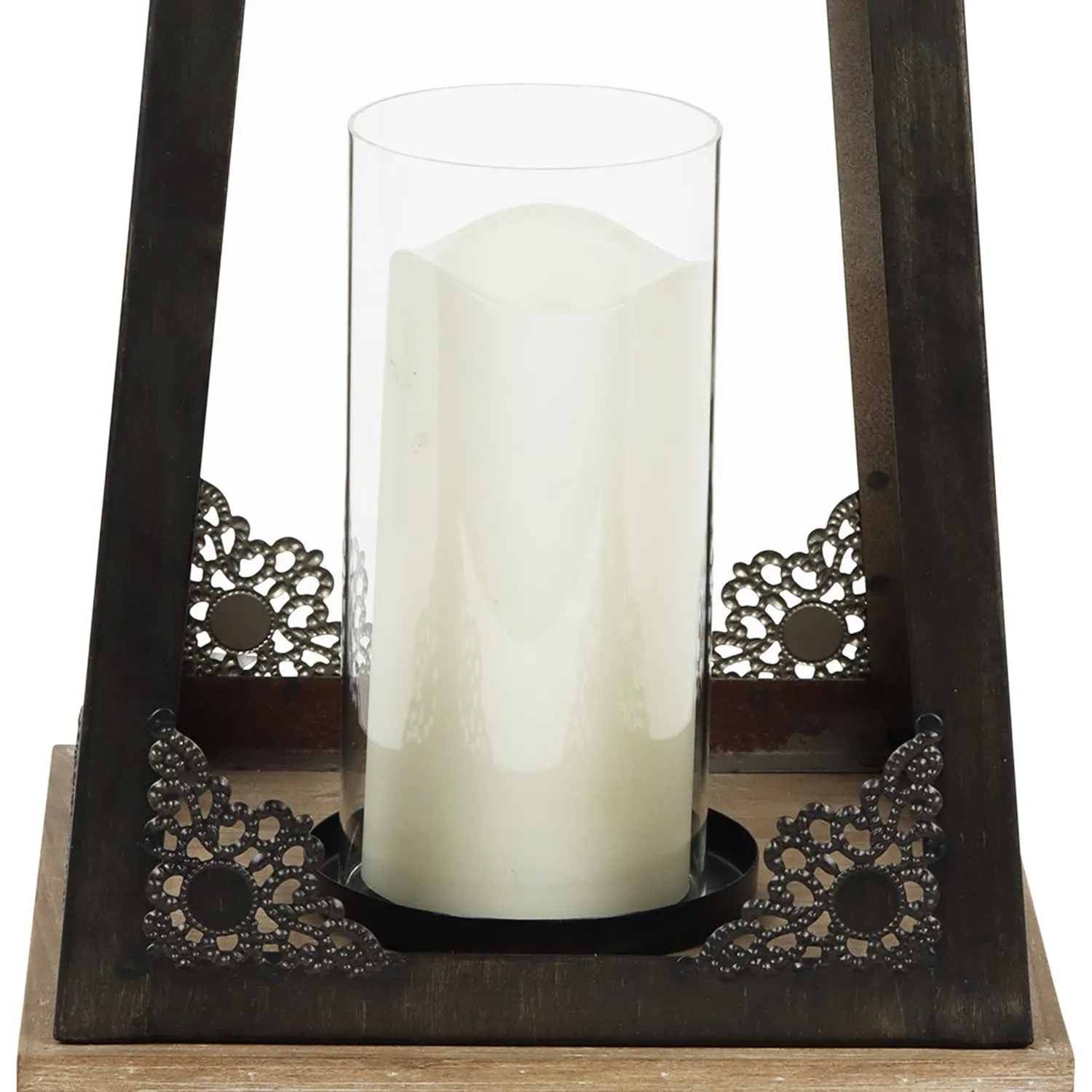 Antiqued Wood and Metal Candle Lantern  with LED Candle, 17 Inch