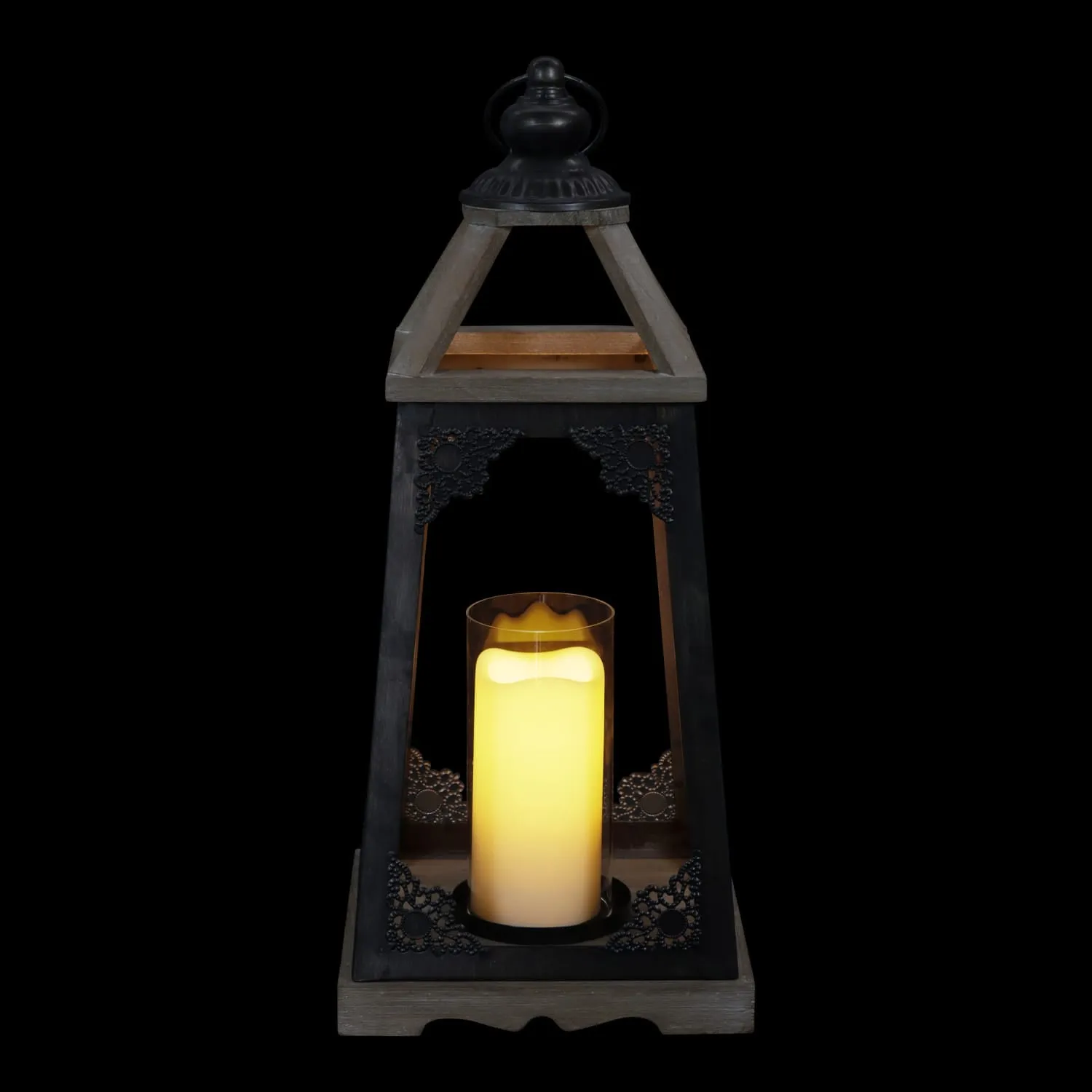 Antiqued Wood and Metal Candle Lantern  with LED Candle, 17 Inch
