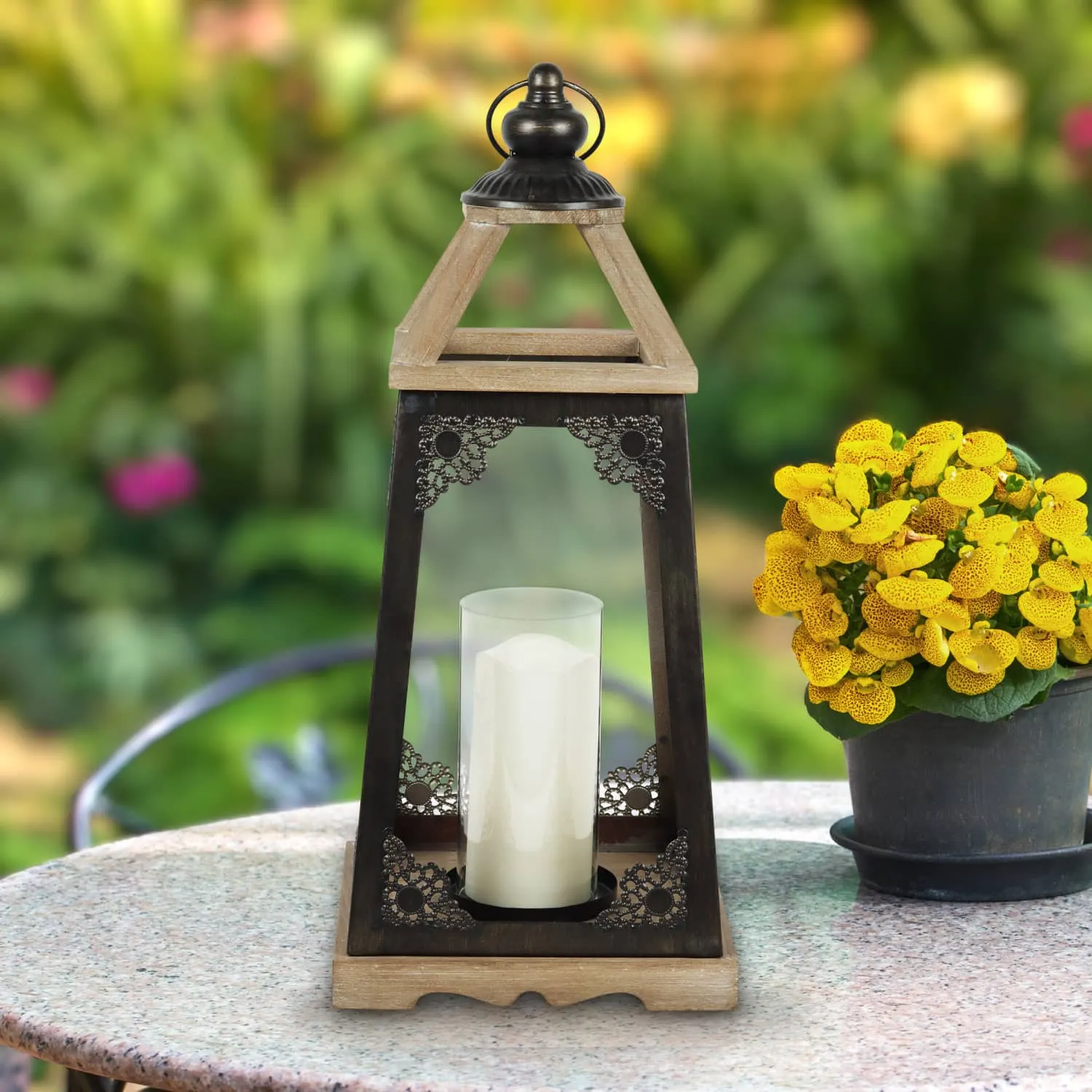 Antiqued Wood and Metal Candle Lantern  with LED Candle, 17 Inch