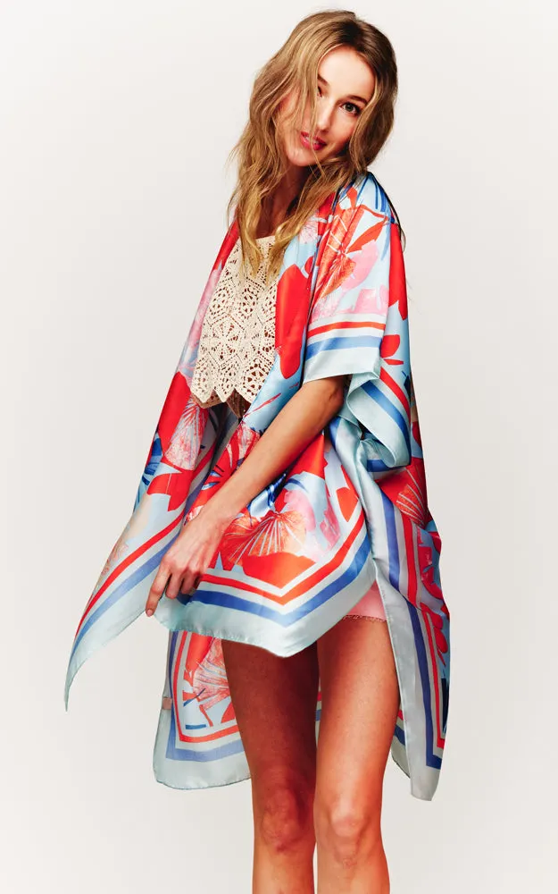 BAAP2516 Silky Floral Pattern Cover Up Kimono