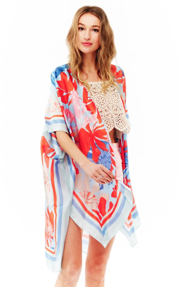BAAP2516 Silky Floral Pattern Cover Up Kimono