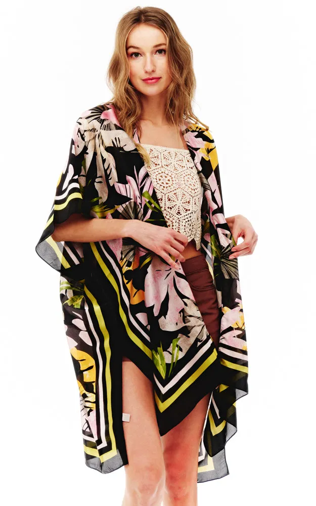 BAAP2516 Silky Floral Pattern Cover Up Kimono