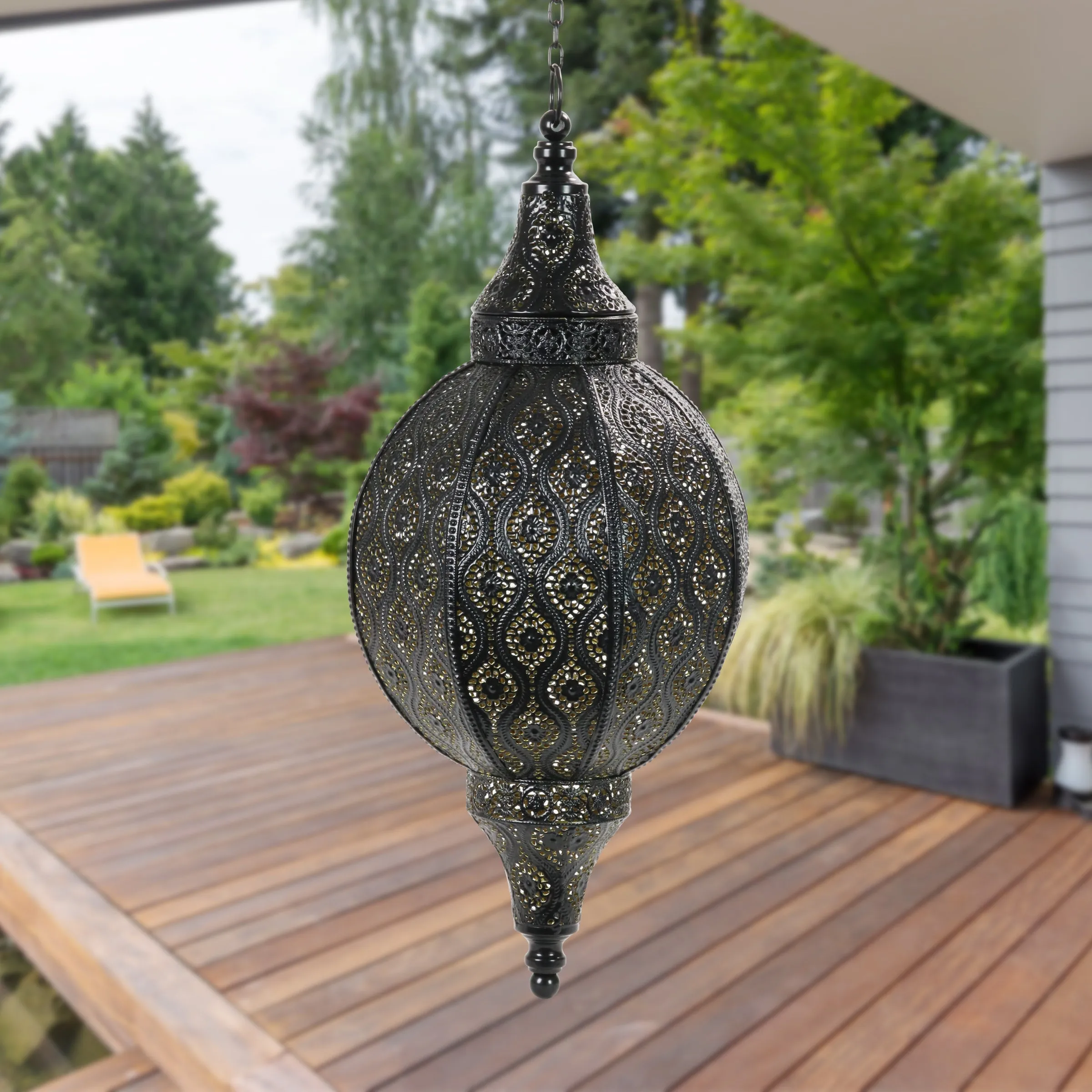 Battery Powered Hanging Metal Filigree LED Lantern with 5 Hour Timer, 22 Inches