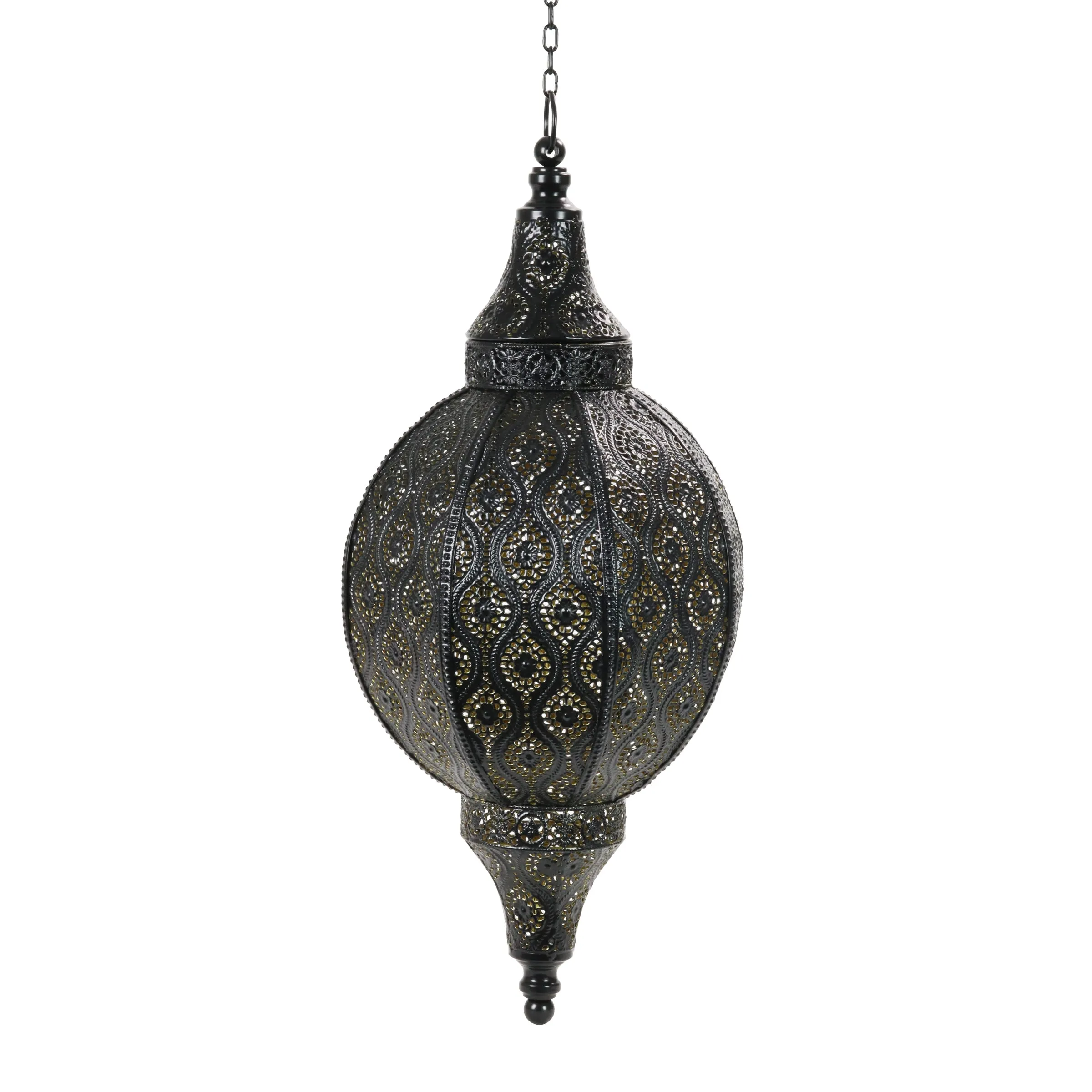 Battery Powered Hanging Metal Filigree LED Lantern with 5 Hour Timer, 22 Inches
