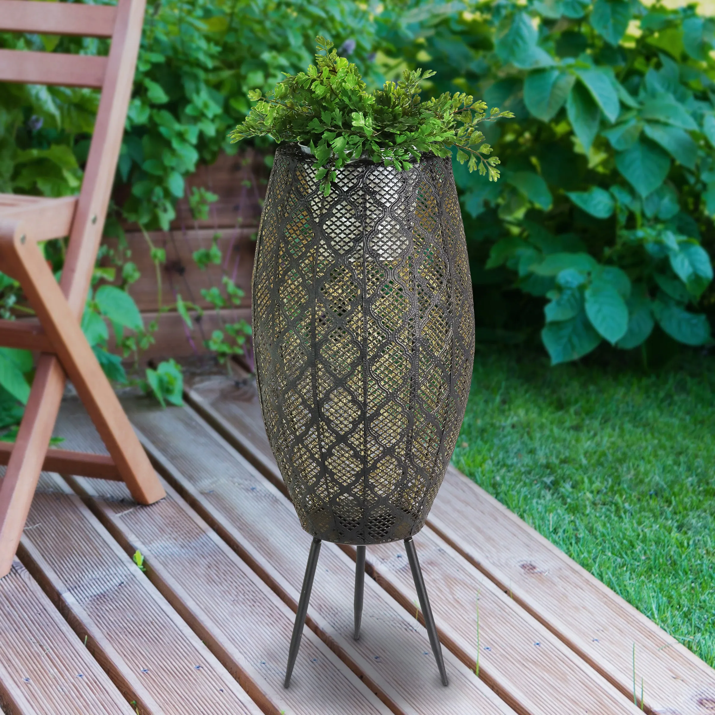 Black Metal Filigree Planter with 30 LED lights on a Battery Operated Timer, 27 Inches tall