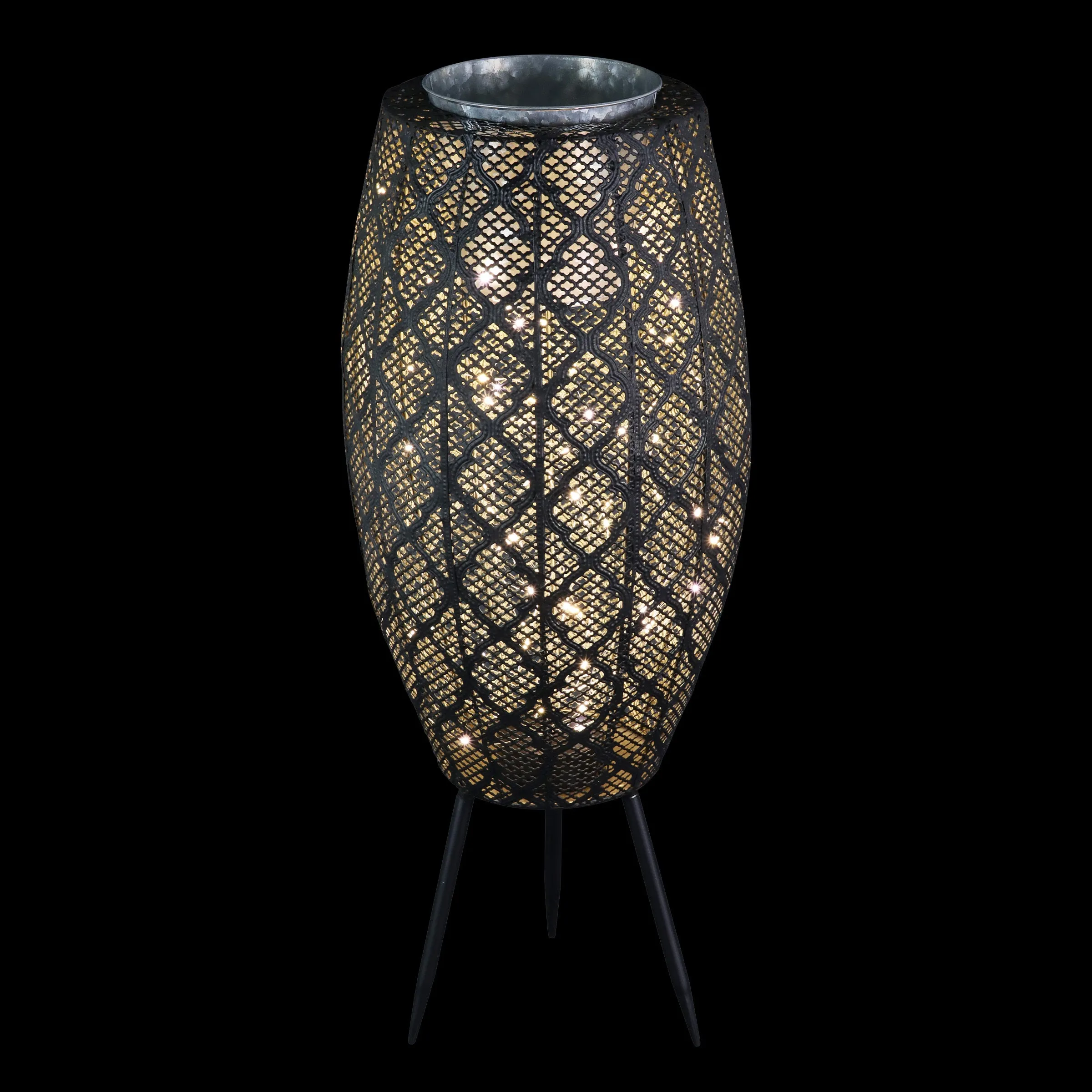 Black Metal Filigree Planter with 30 LED lights on a Battery Operated Timer, 27 Inches tall