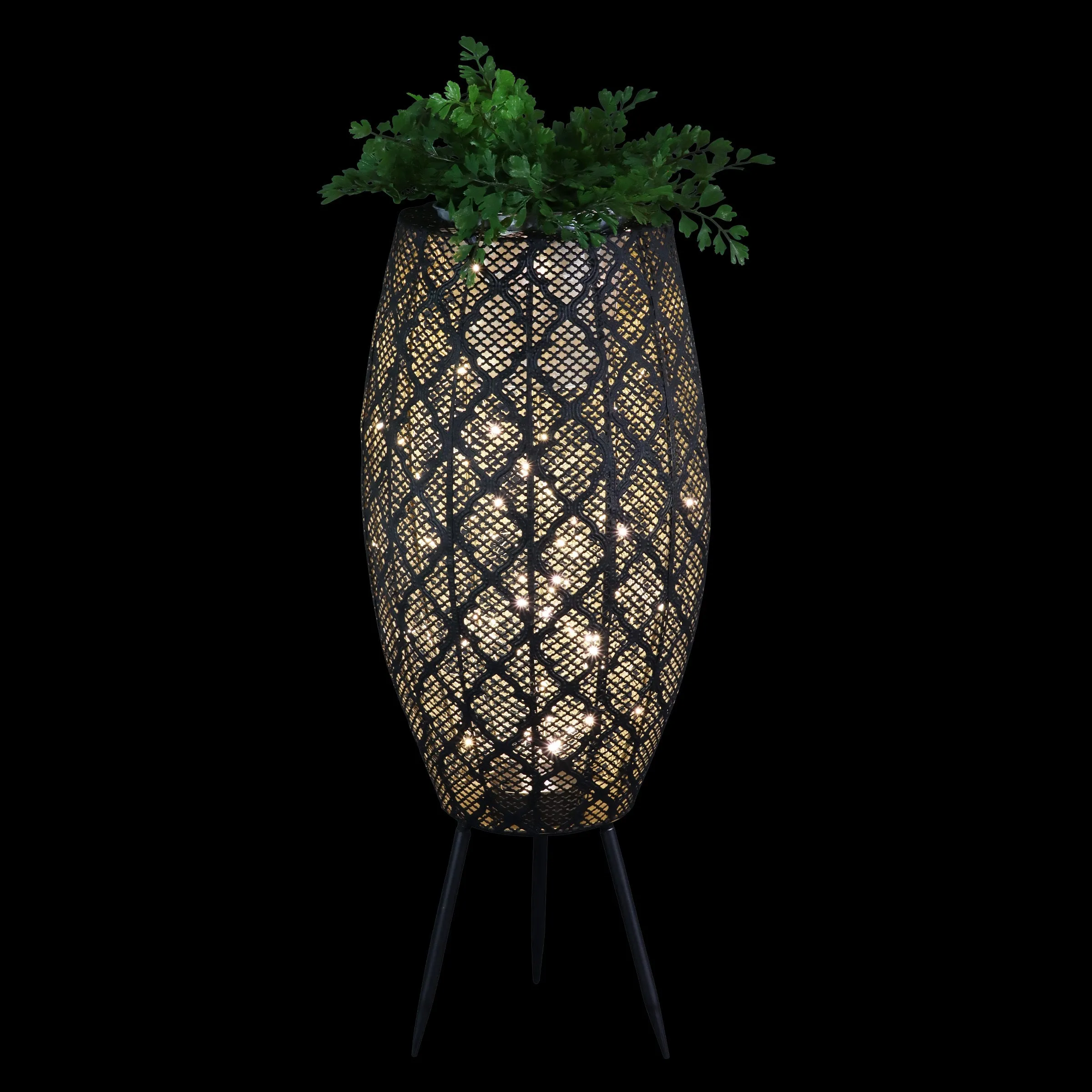 Black Metal Filigree Planter with 30 LED lights on a Battery Operated Timer, 27 Inches tall