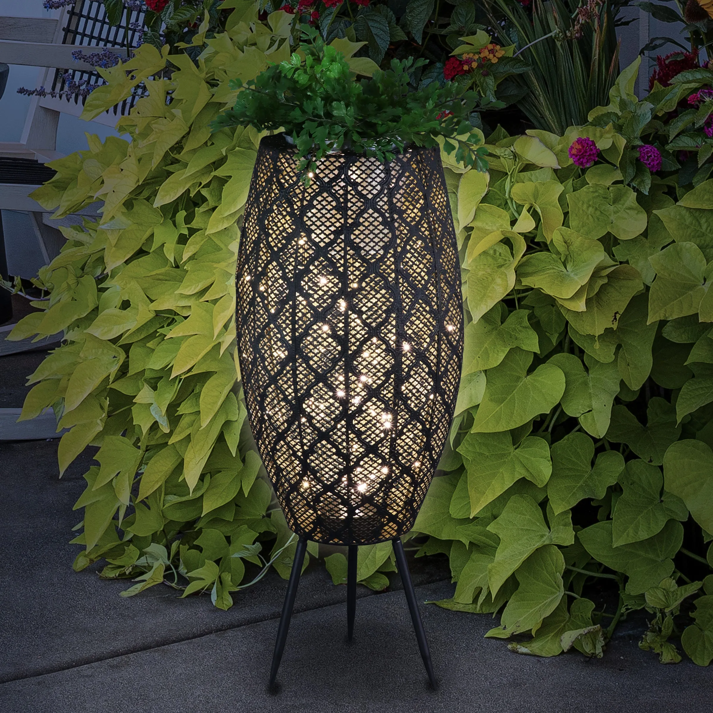 Black Metal Filigree Planter with 30 LED lights on a Battery Operated Timer, 27 Inches tall