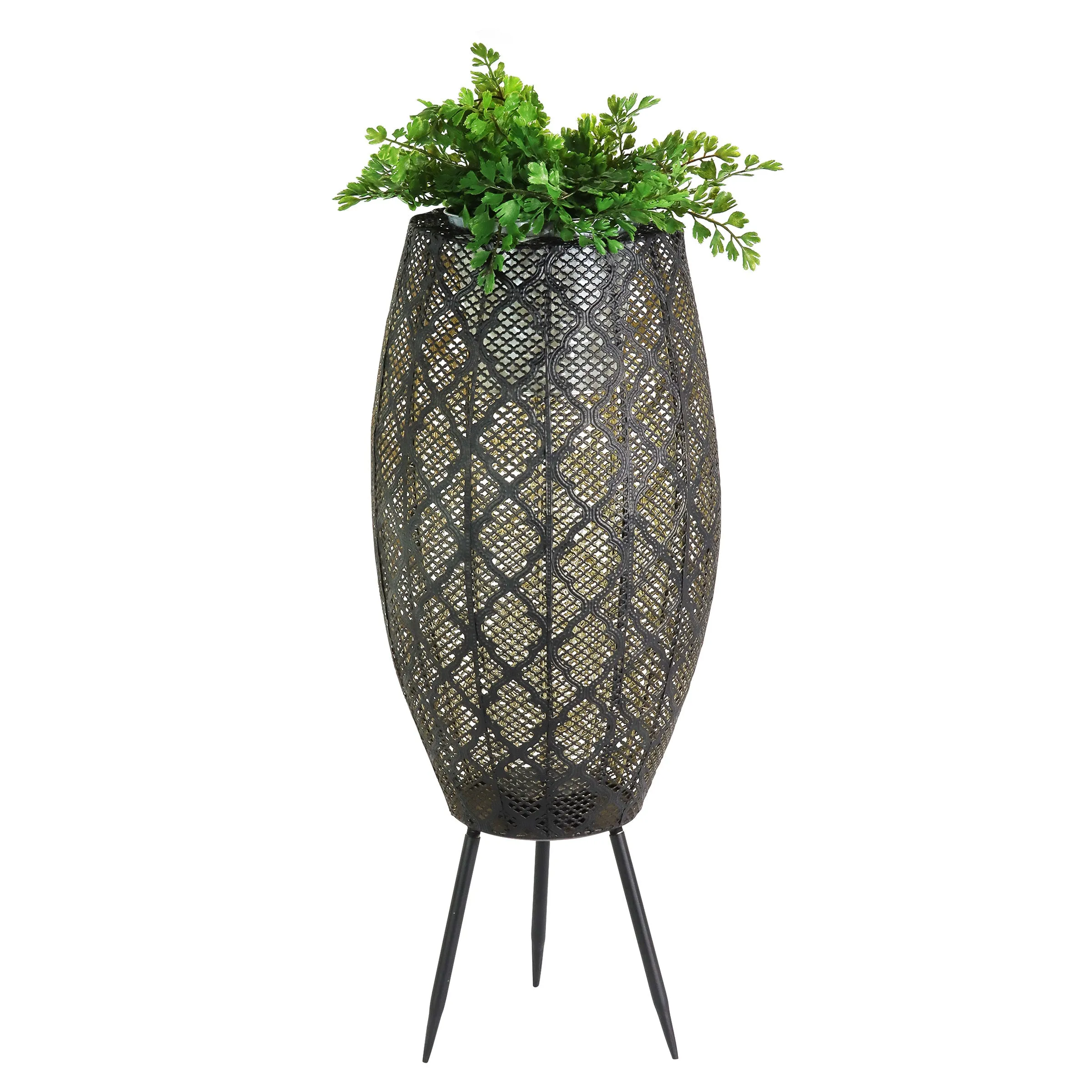 Black Metal Filigree Planter with 30 LED lights on a Battery Operated Timer, 27 Inches tall