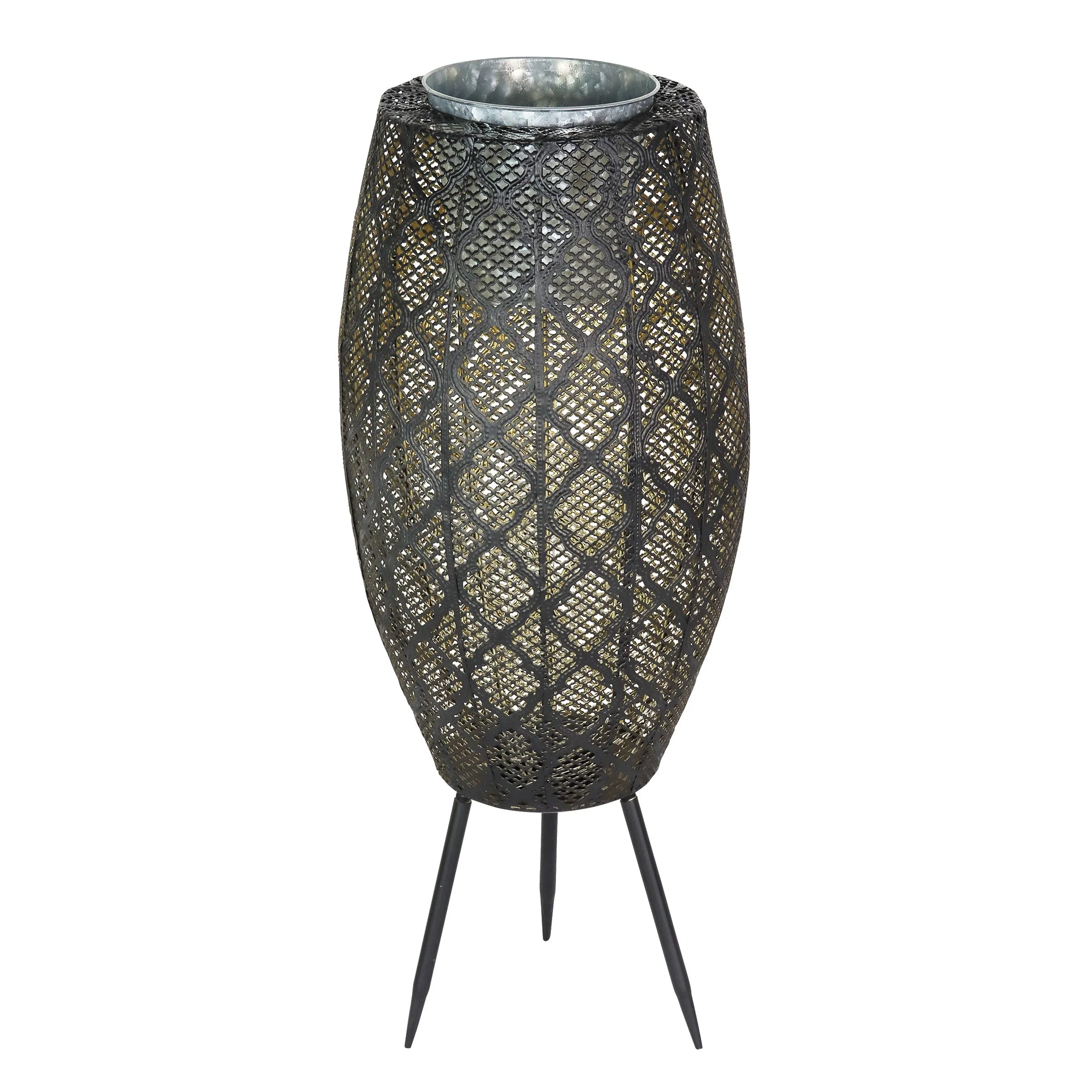 Black Metal Filigree Planter with 30 LED lights on a Battery Operated Timer, 27 Inches tall