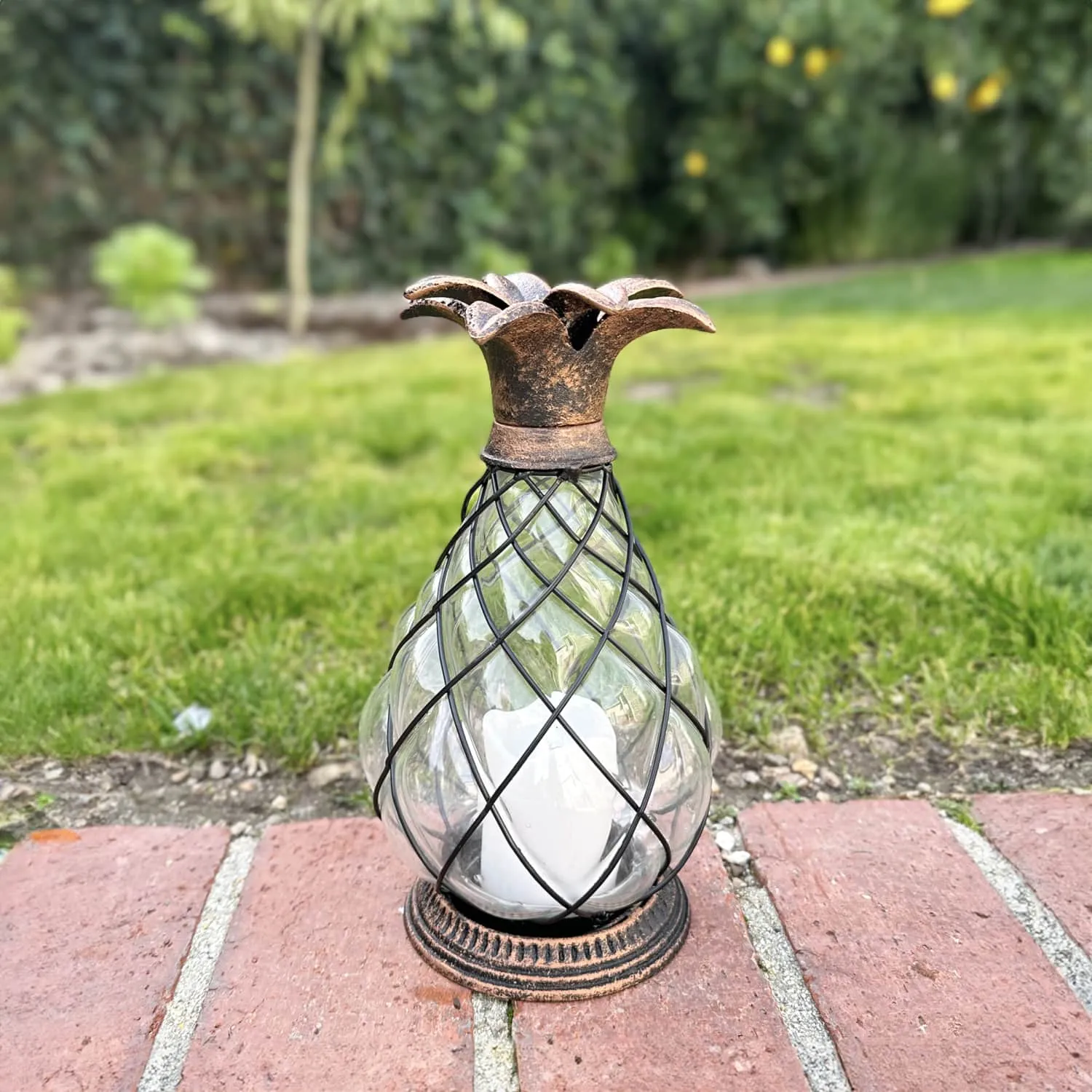Bronze Pineapple Lantern with Battery Powered LED Candle on a Timer, 10.25 Inch