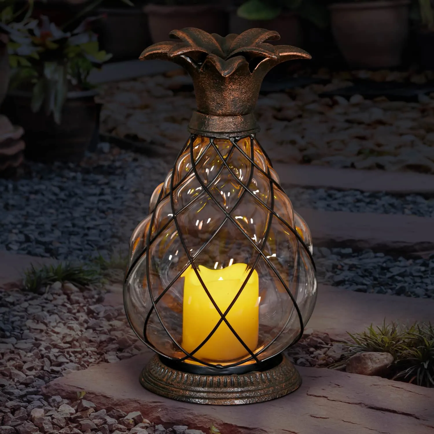 Bronze Pineapple Lantern with Battery Powered LED Candle on a Timer, 10.25 Inch
