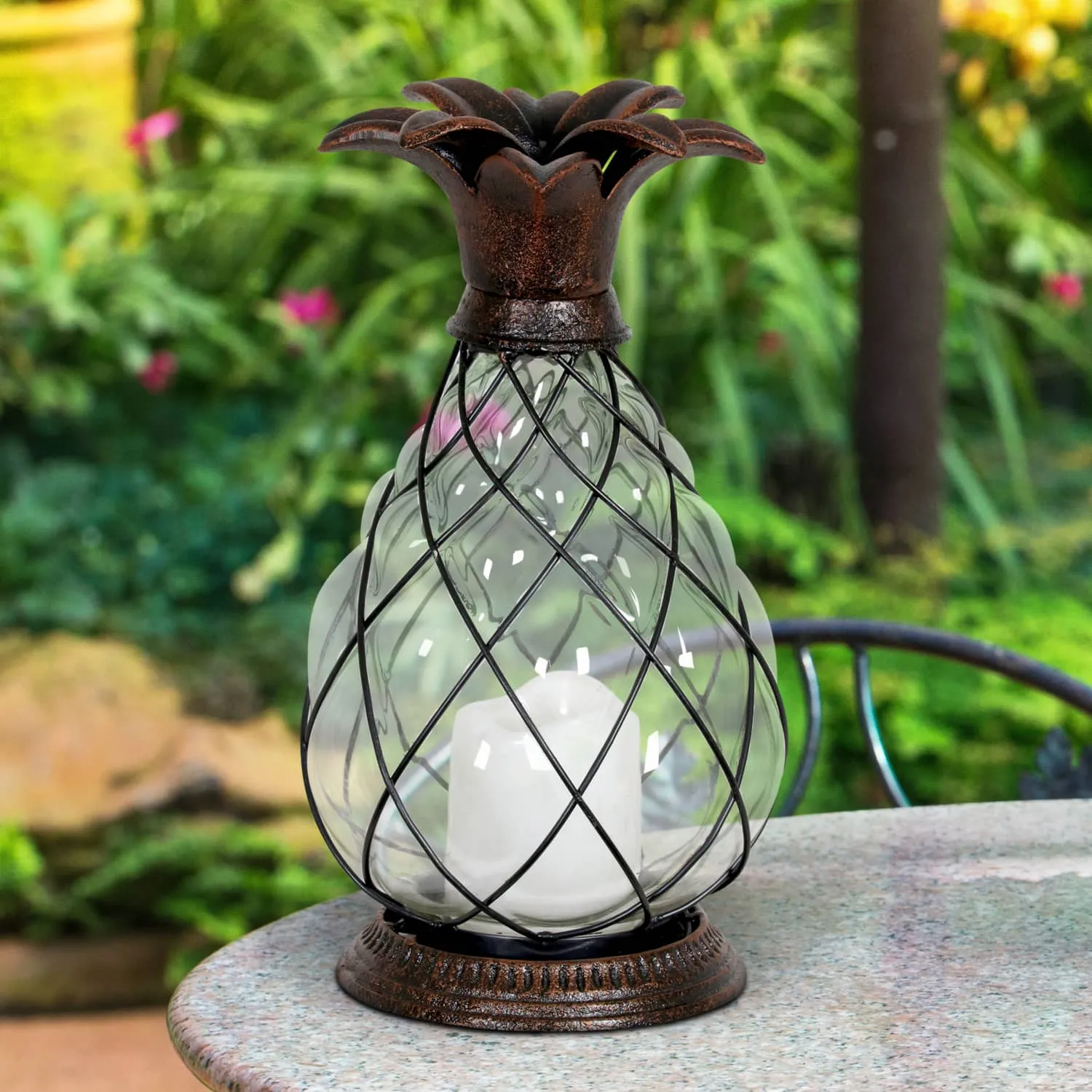 Bronze Pineapple Lantern with Battery Powered LED Candle on a Timer, 10.25 Inch