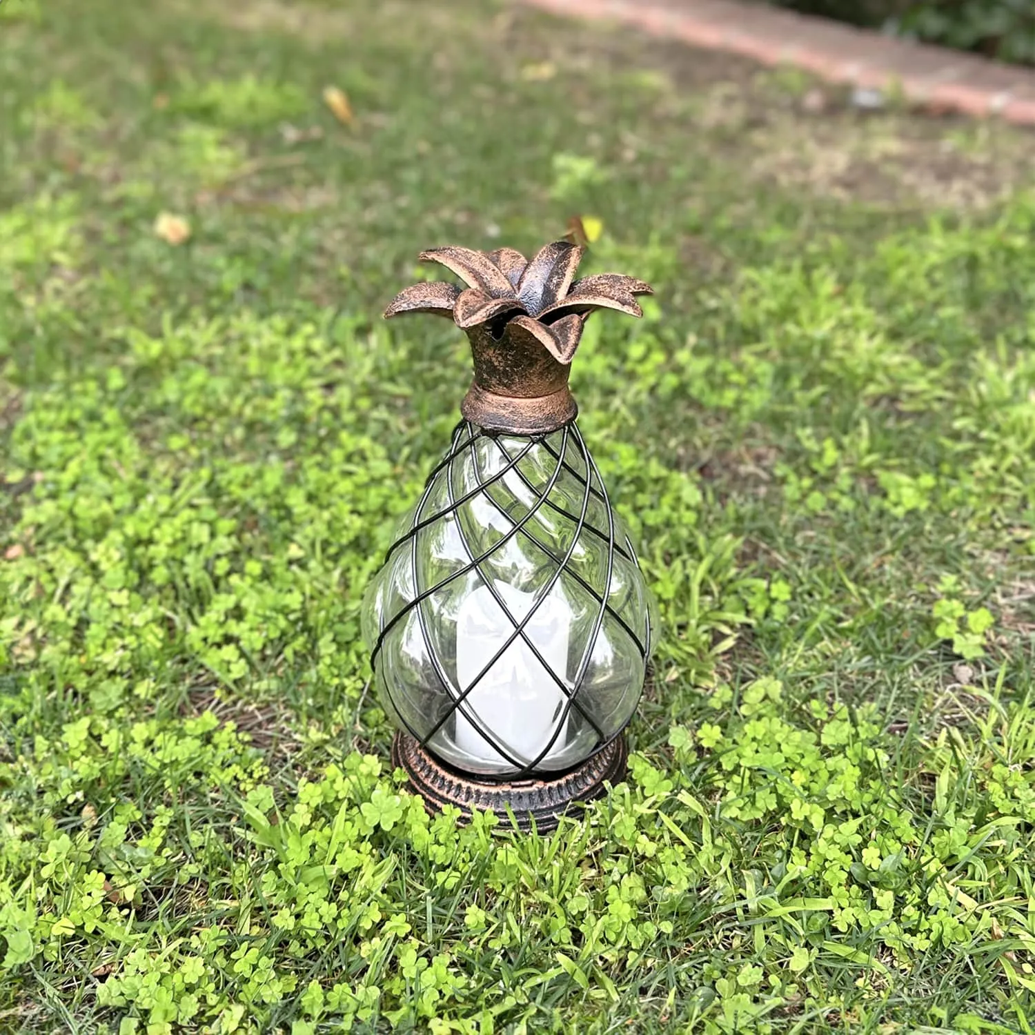 Bronze Pineapple Lantern with Battery Powered LED Candle on a Timer, 10.25 Inch