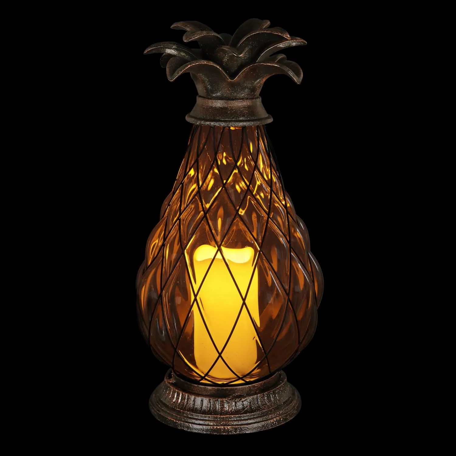 Bronze Pineapple Lantern with Battery Powered LED Candle on a Timer, 17 inch